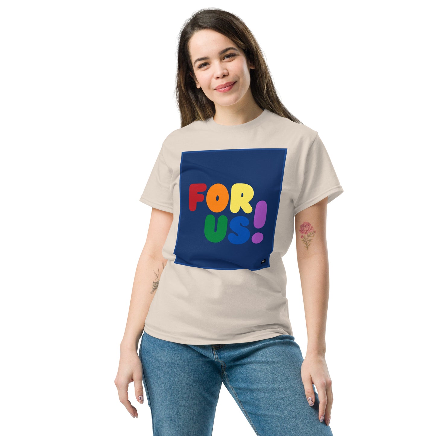 Woman wearing the Rainbow For Us Unisex T-Shirt in Natural/Off-White - The APWT Gift Shop