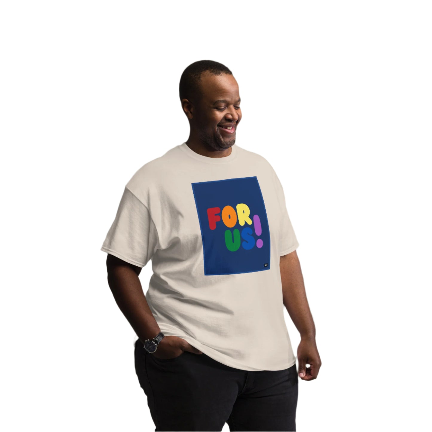 Man wearing the Rainbow For Us Unisex T-Shirt in Natural/Off-White (3 of 3) - The APWT Gift Shop