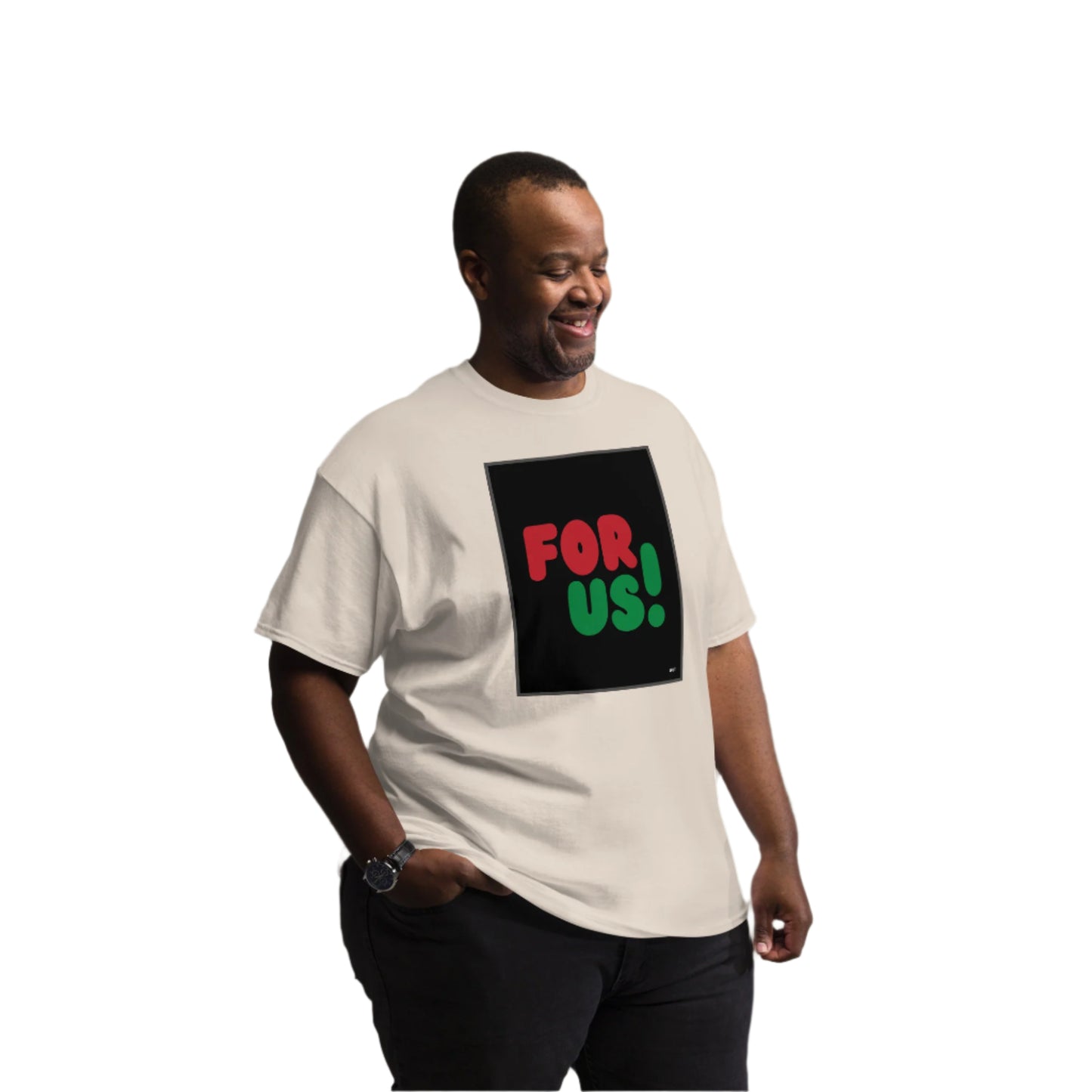 Man wearing the For Us in Black Unisex T-Shirt in Natural/Off-White (2 of 3) - The APWT Gift Shop