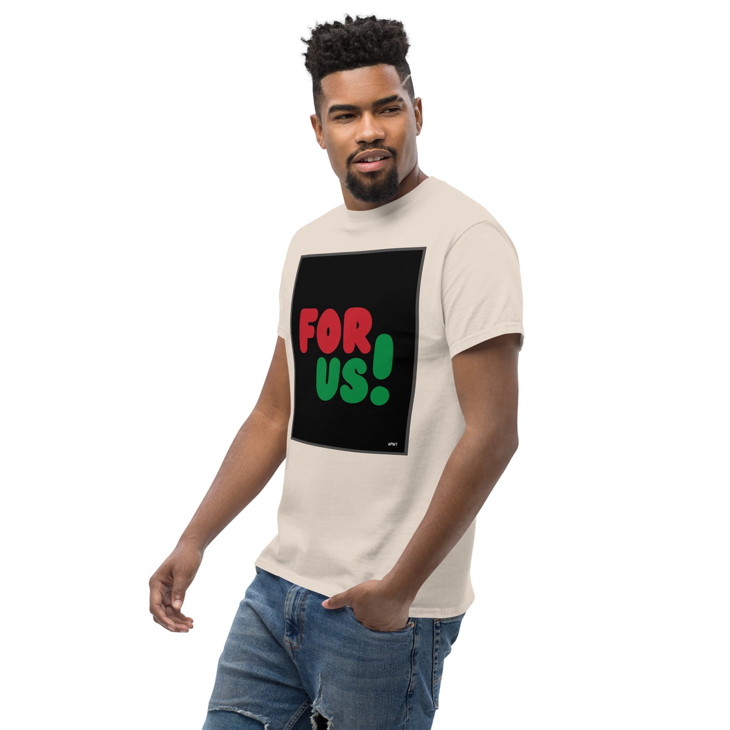 Man wearing the For Us in Black Unisex T-Shirt in Natural/Off-White (3 of 3) - The APWT Gift Shop