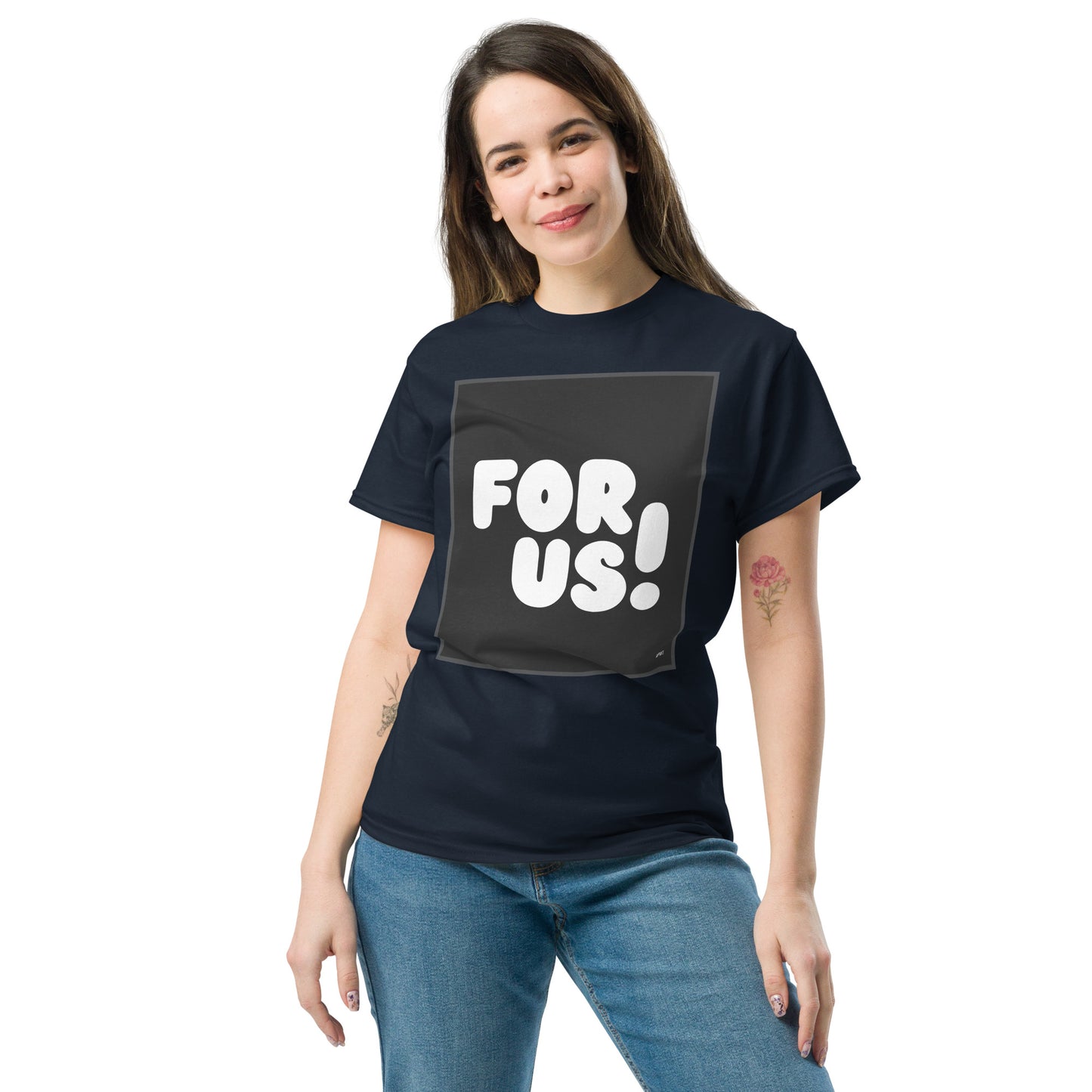 Woman wearing the For Us in Black and White Unisex T-Shirt in Navy Blue - The APWT Gift Shop