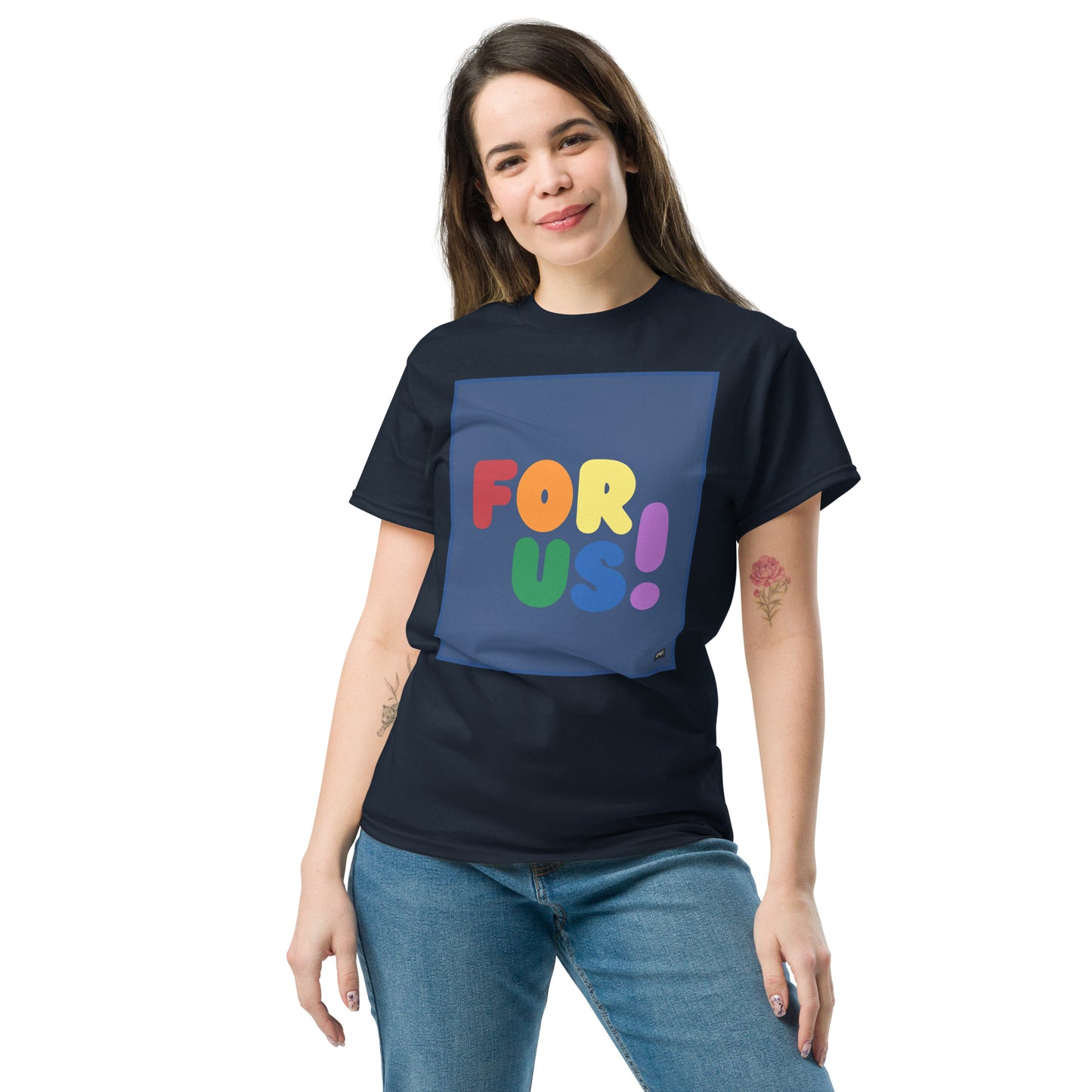 Woman wearing the Rainbow For Us Unisex T-Shirt in Navy Blue - The APWT Gift Shop