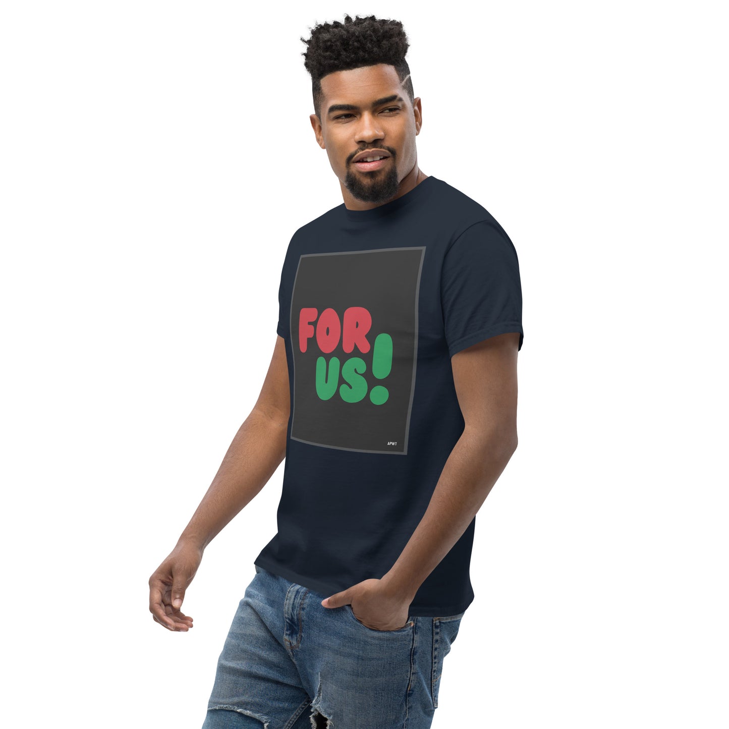 Man wearing the For Us in Black Unisex T-Shirt in Navy Blue (2 of 3) - The APWT Gift Shop