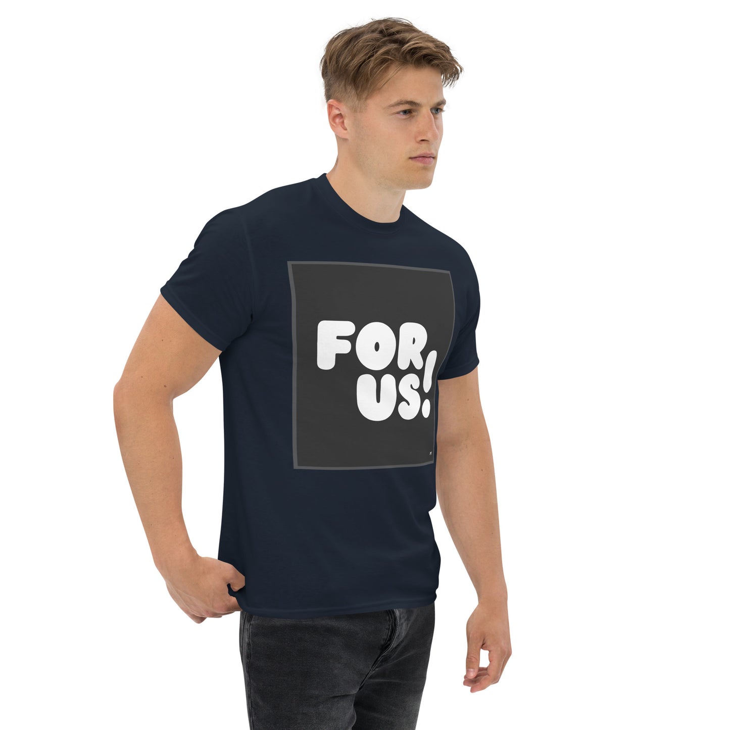 Man wearing the For Us in Black and White Unisex T-Shirt in Navy Blue (2 of 3) - The APWT Gift Shop