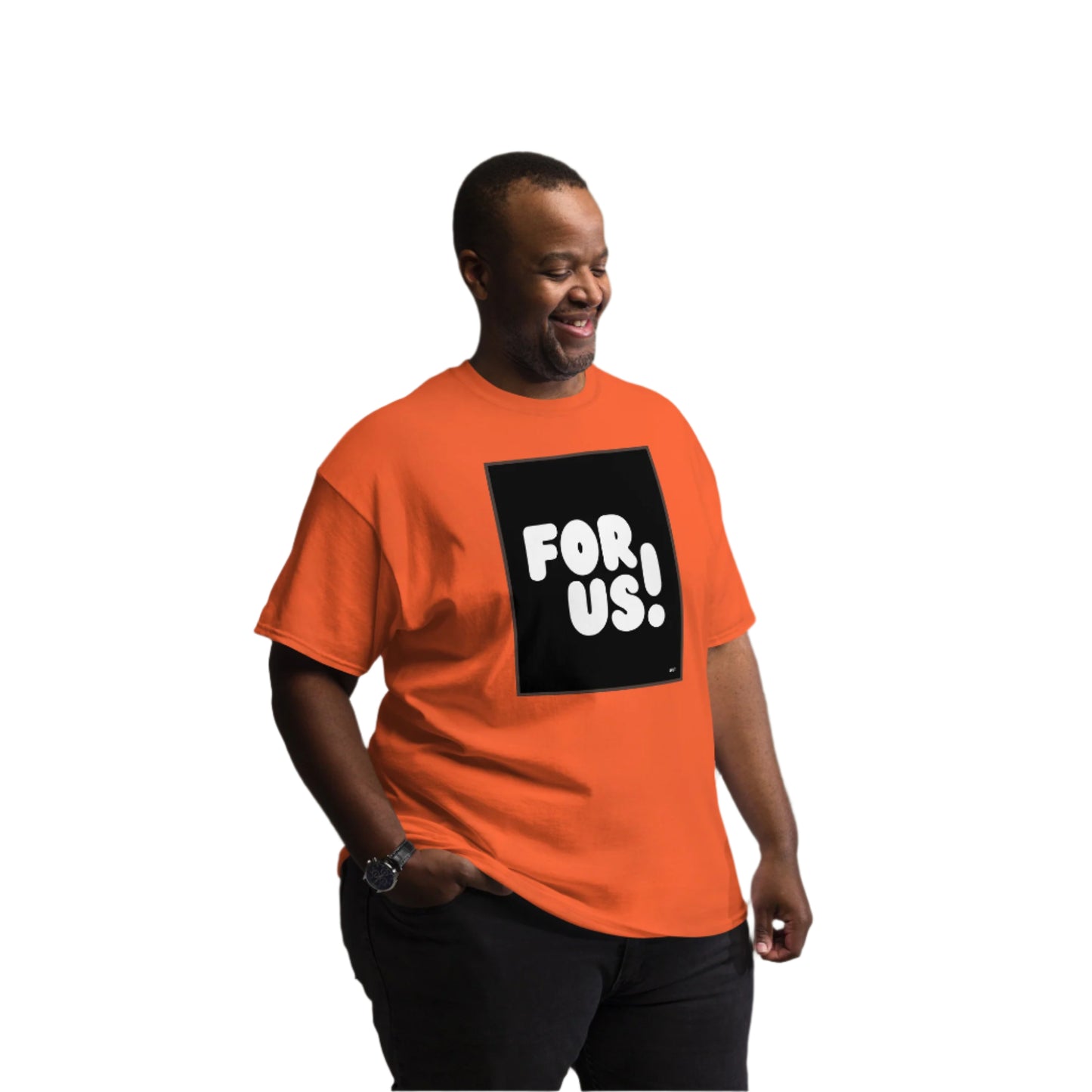 Man wearing the For Us in Black and White Unisex T-Shirt in Orange (3 of 3) - The APWT Gift Shop