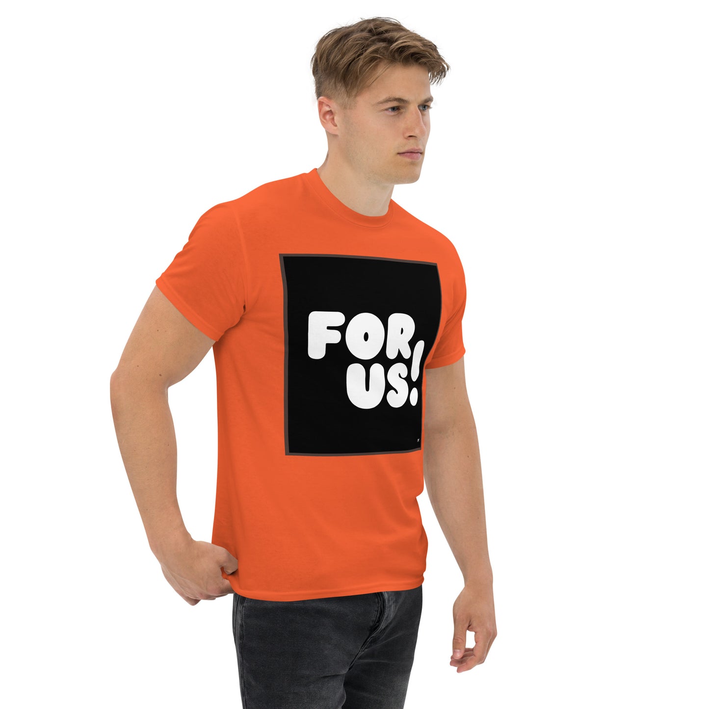 Man wearing the For Us in Black and White Unisex T-Shirt in Orange (2 of 3) - The APWT Gift Shop