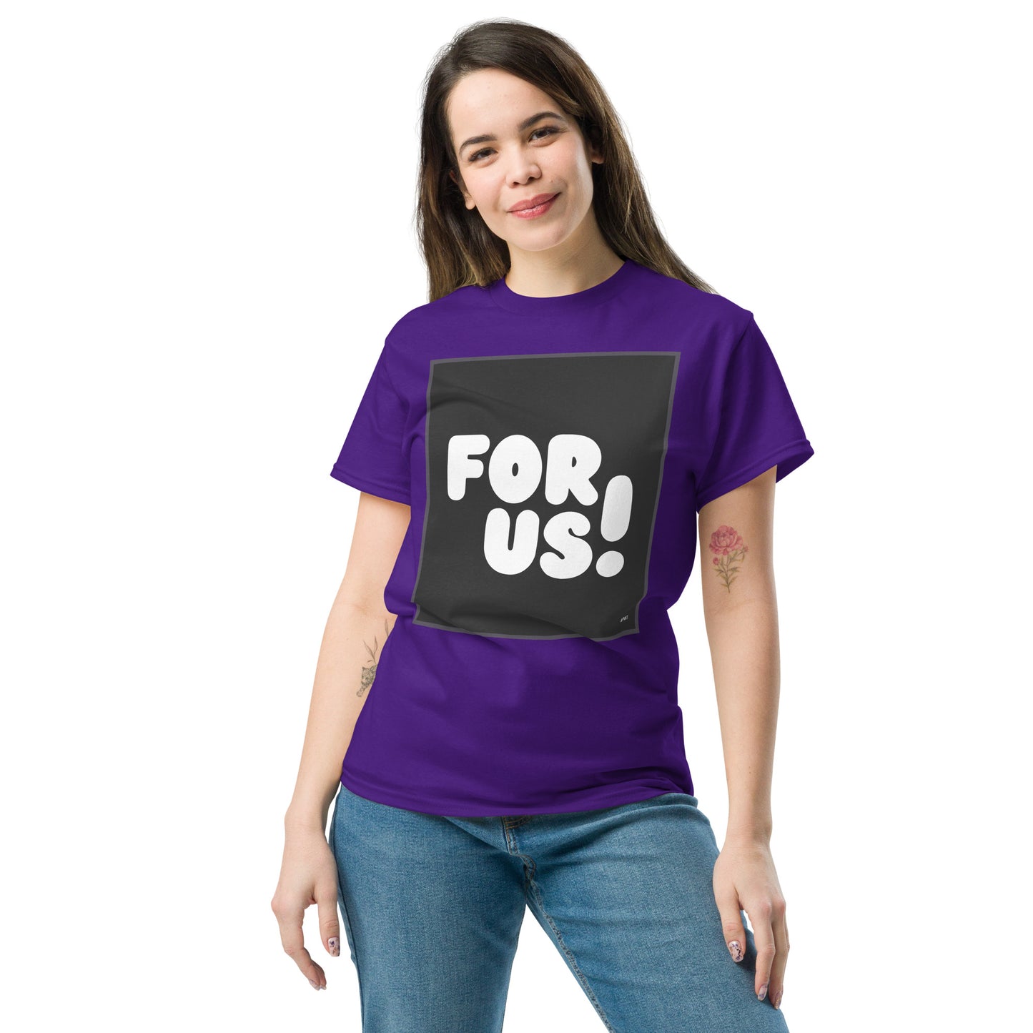 Woman wearing the For Us in Black and White Unisex T-Shirt in Purple - The APWT Gift Shop