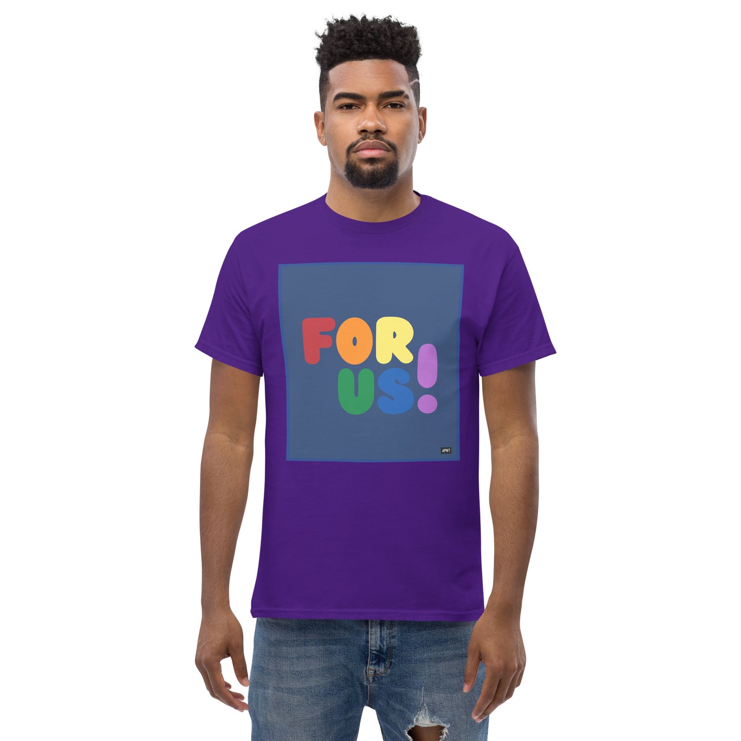 Man wearing the Rainbow For Us Unisex T-Shirt in Purple - The APWT Gift Shop
