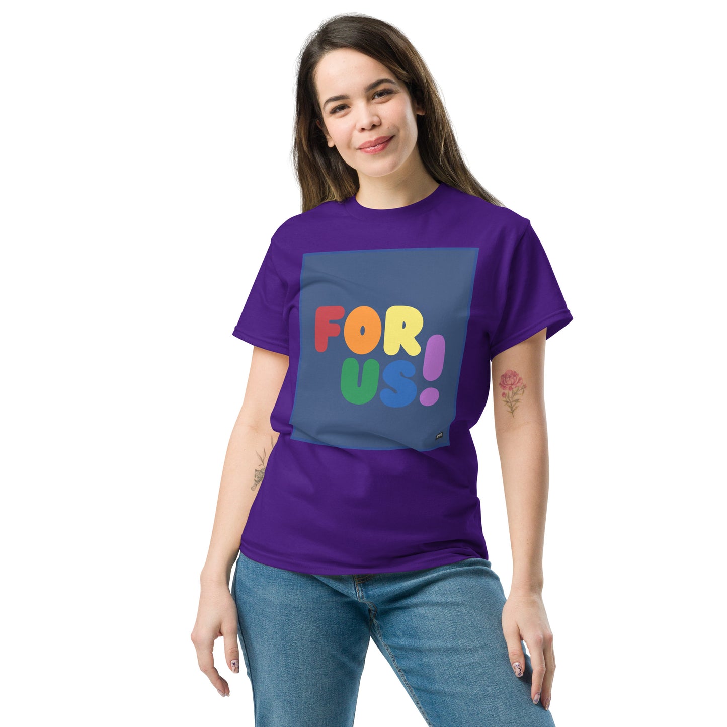 Woman wearing the Rainbow For Us Unisex T-Shirt in Purple - The APWT Gift Shop