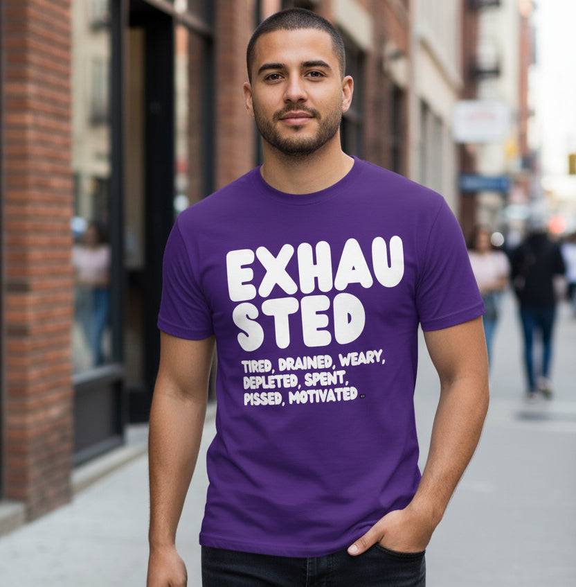Man walking down the street wearing the APWT Gift Shop's Exhausted in Purple Unisex T-Shirt from the Exhausted Collection