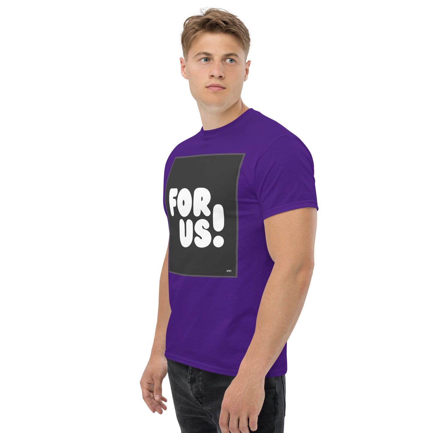 Man wearing the For Us in Black and White Unisex T-Shirt in Purple (2 of 3) - The APWT Gift Shop
