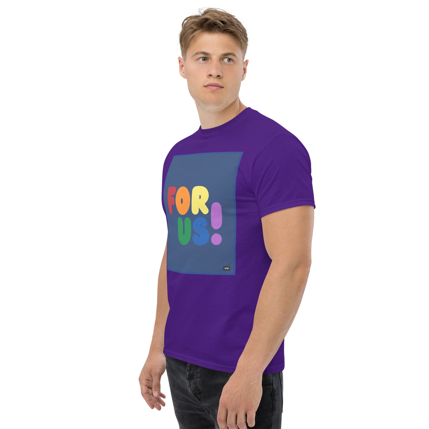 Man wearing the Rainbow For Us Unisex T-Shirt in Purple (2 of 3) - The APWT Gift Shop