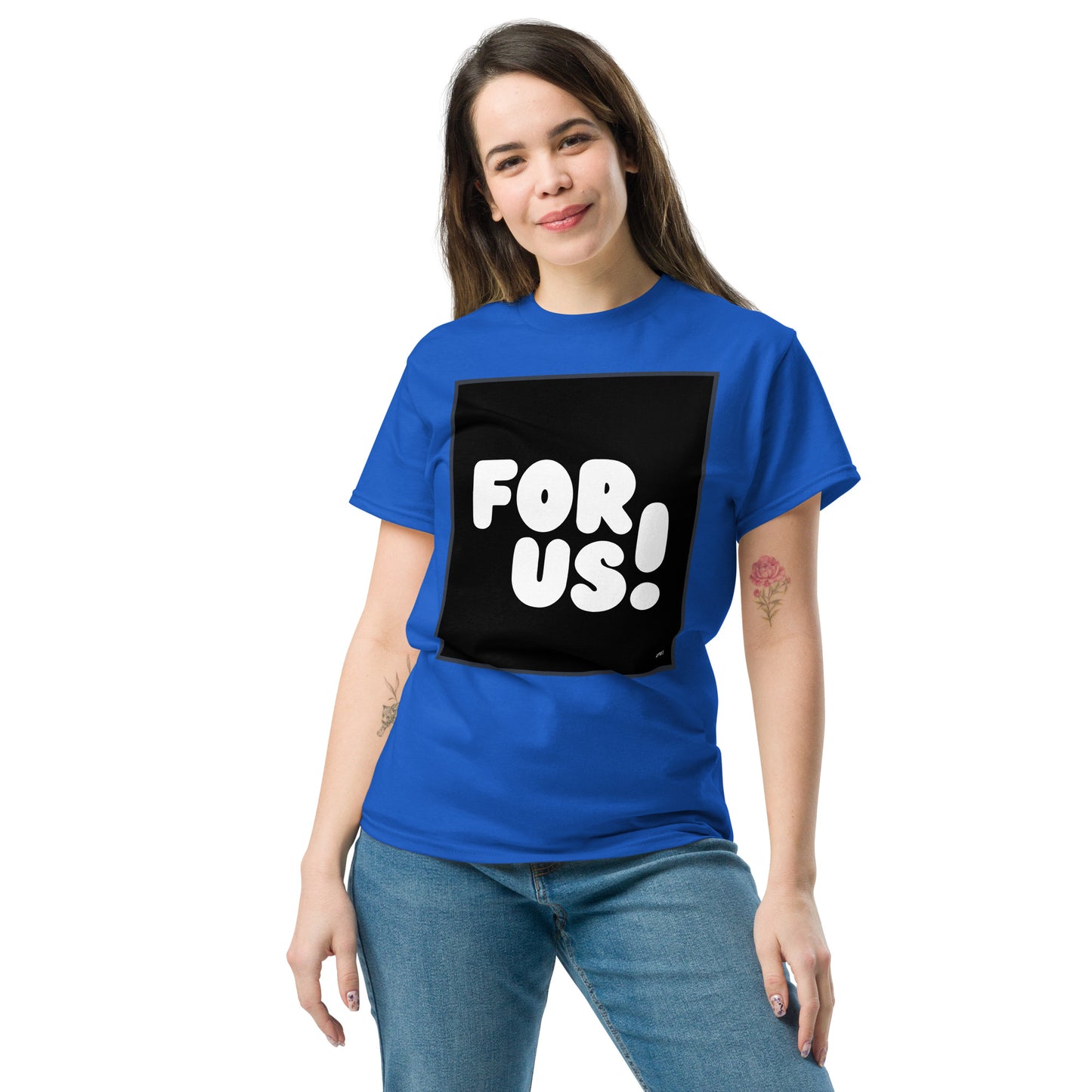 Woman wearing the For Us in Black and White Unisex T-Shirt in Royal Blue - The APWT Gift Shop