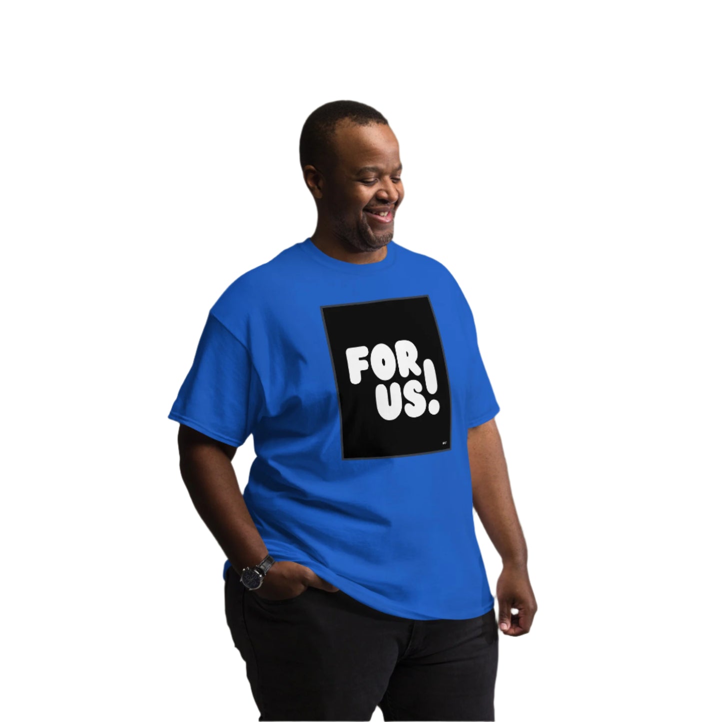 Man wearing the For Us in Black and White Unisex T-Shirt in Royal Blue (3 of 3) - The APWT Gift Shop