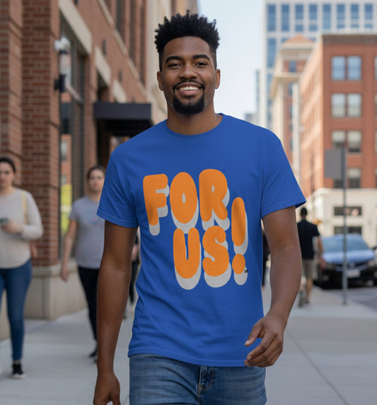 Man Wearing the APWT Gift Shop's For Us in Blue and Orange Unisex T-Shirt