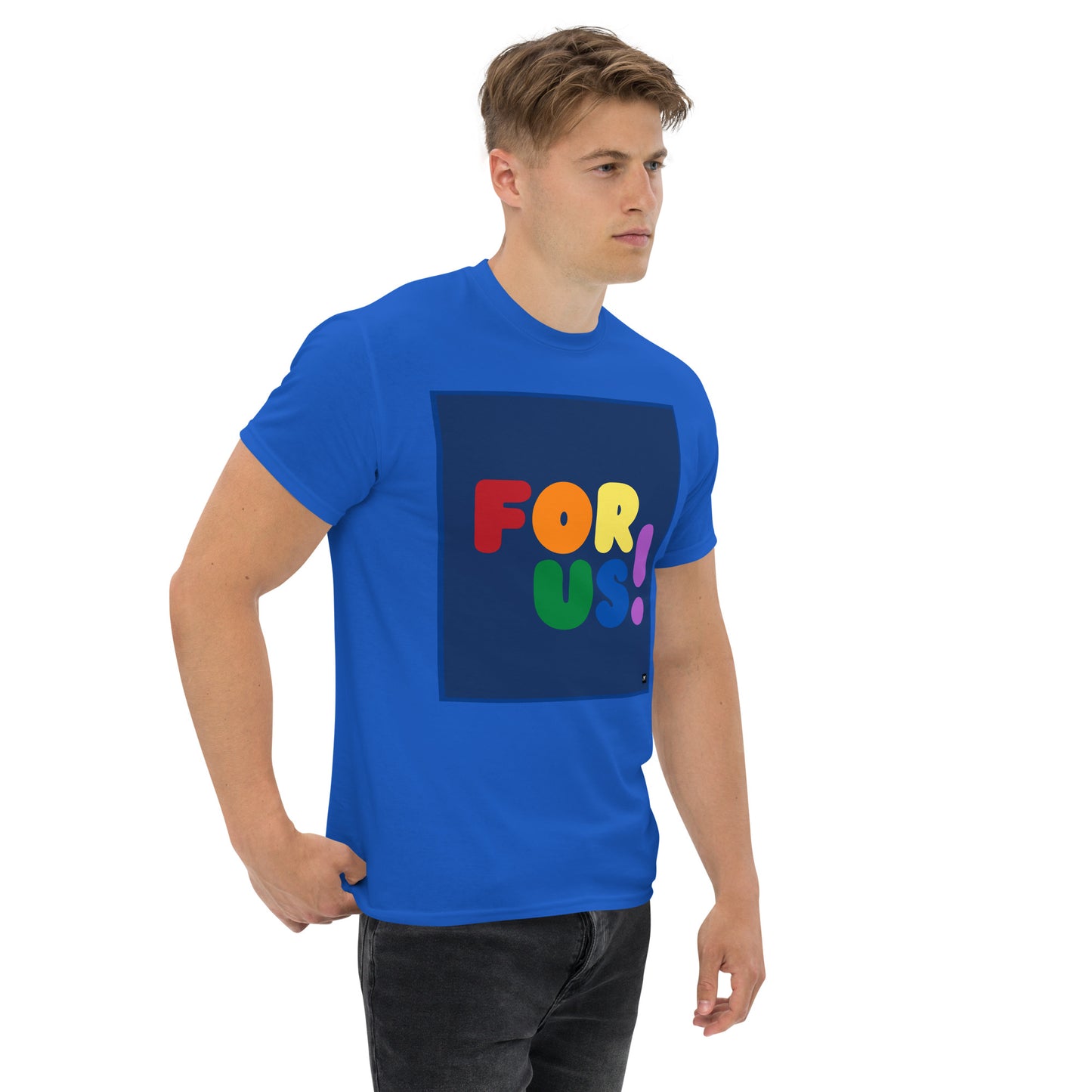 Man wearing the Rainbow For Us Unisex T-Shirt in Royal Blue (2 of 3) - The APWT Gift Shop
