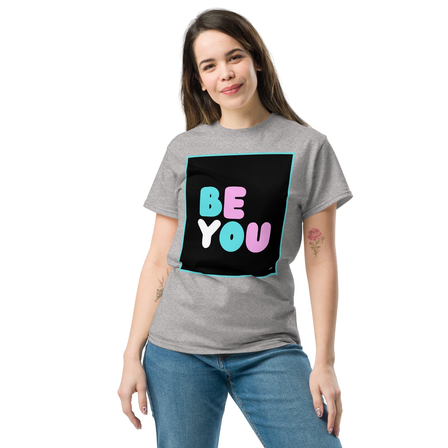 Woman wearing the Be You T Unisex T-Shirt in Sport Grey - The APWT Gift Shop