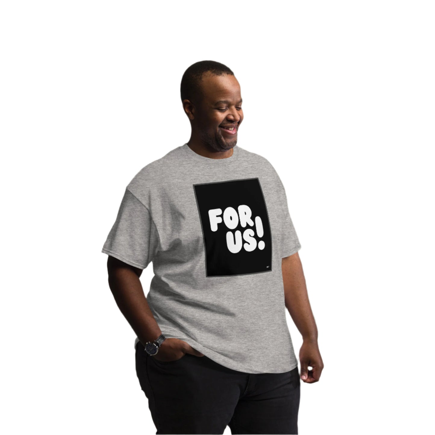 Man wearing the For Us in Black and White Unisex T-Shirt in Sport Grey (3 of 3) - The APWT Gift Shop