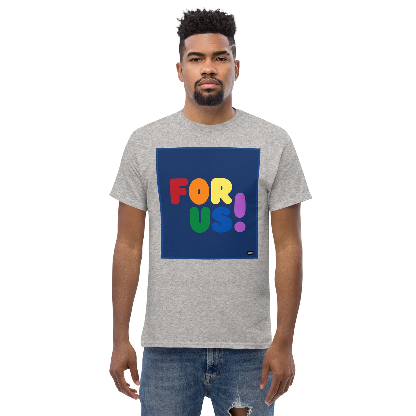 Man wearing the Rainbow For Us Unisex T-Shirt in Sport Grey - The APWT Gift Shop