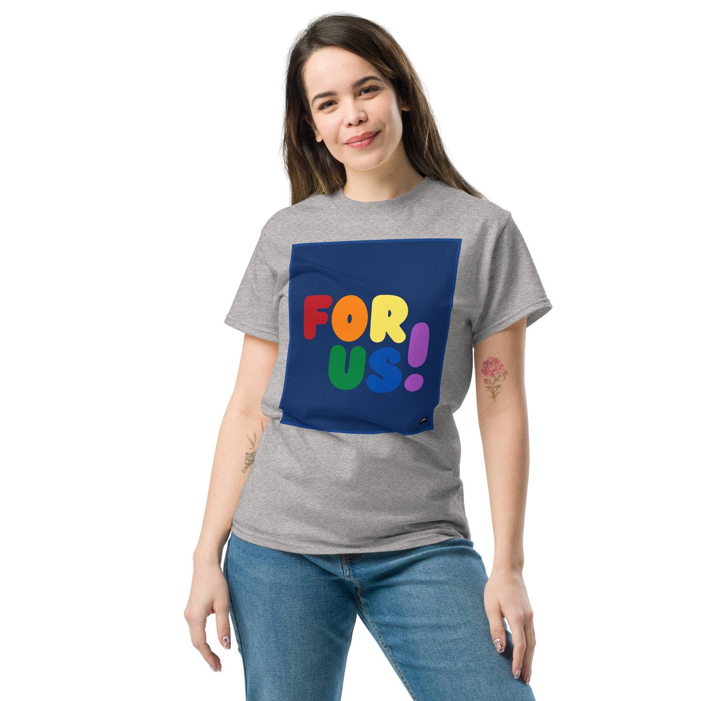 Woman wearing the Rainbow For Us Unisex T-Shirt in Sport Grey - The APWT Gift Shop