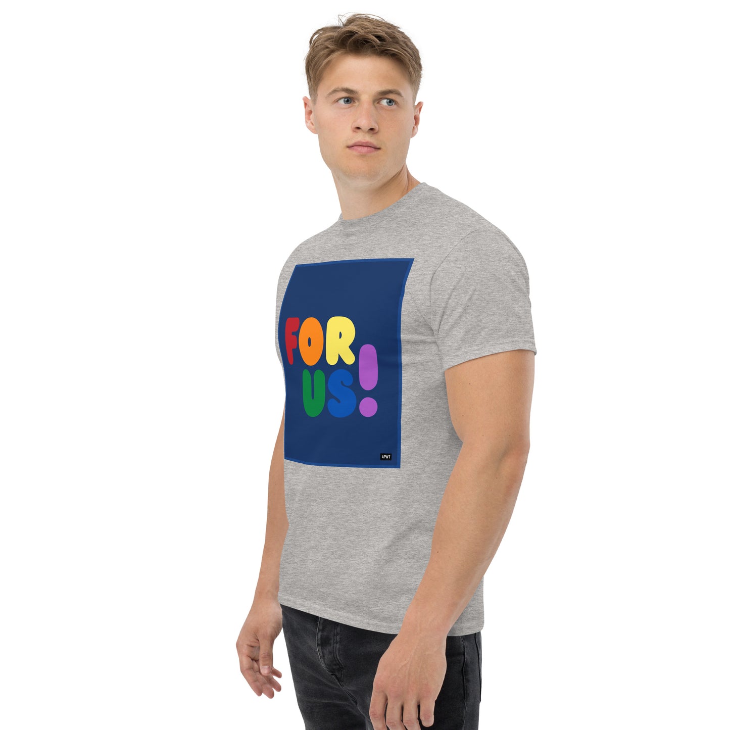 Man wearing the Rainbow For Us Unisex T-Shirt in Sport Grey (2 of 3) - The APWT Gift Shop
