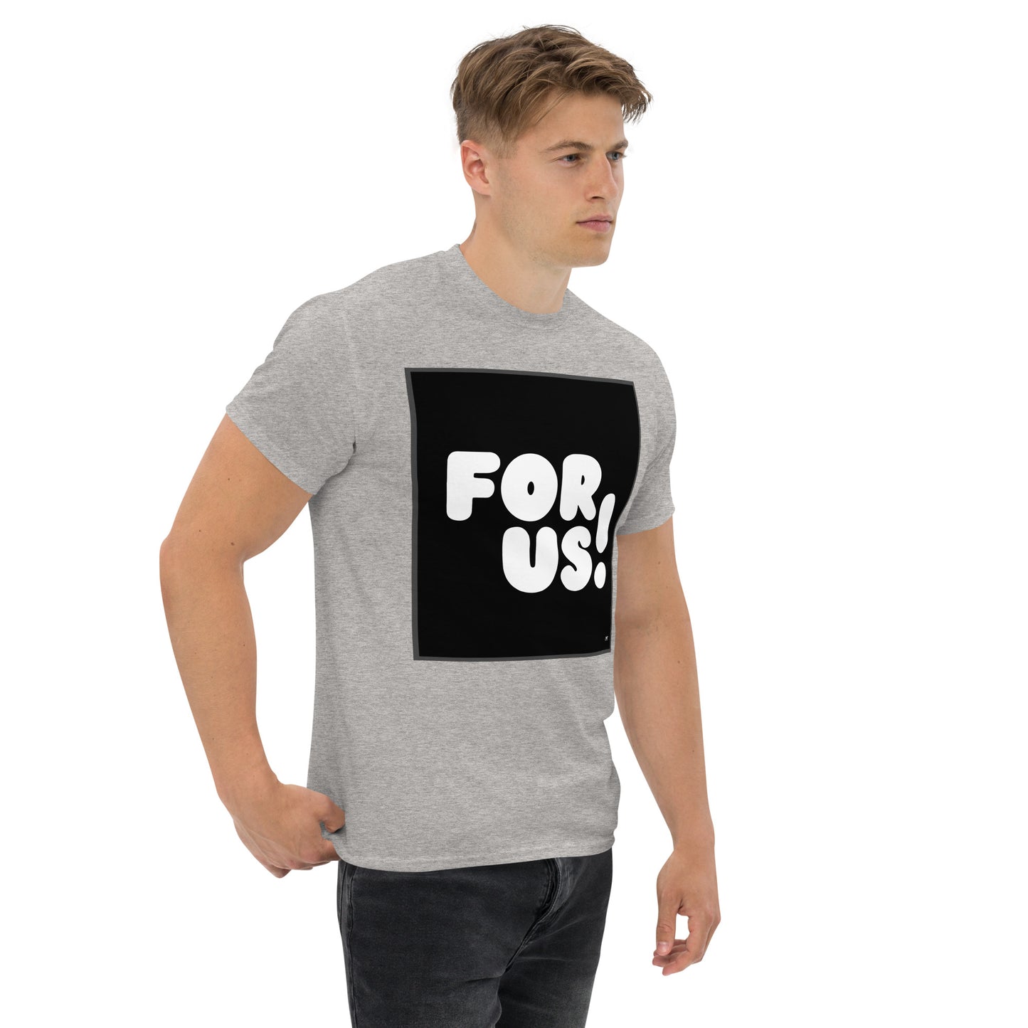 Man wearing the For Us in Black and White Unisex T-Shirt in Sport Grey (2 of 3) - The APWT Gift Shop