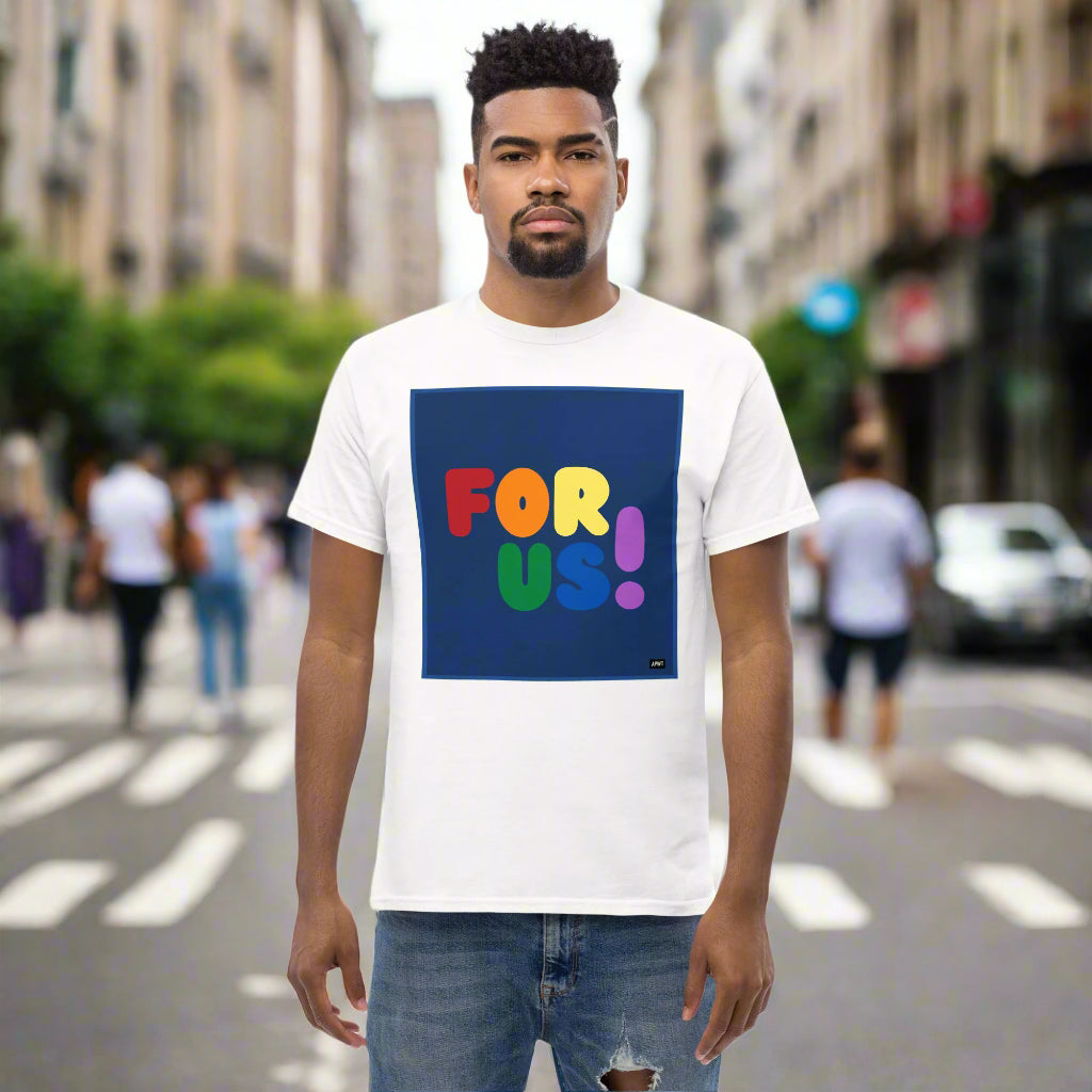 Man wearing the Rainbow For Us Unisex T-Shirt in White on a city street - The APWT Gift Shop