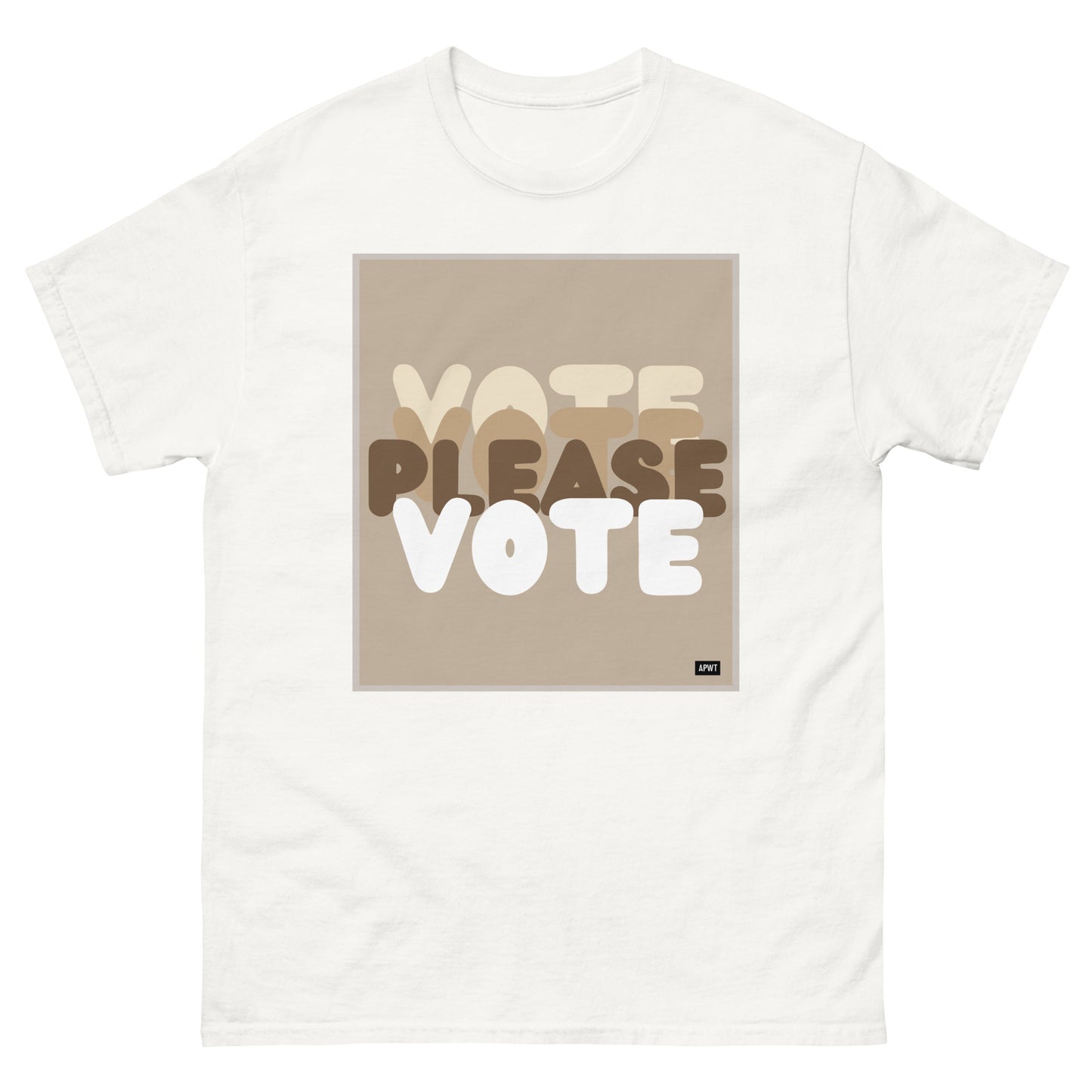 The Please Vote in Brown Unisex T-Shirt in White - The APWT Gift Shop