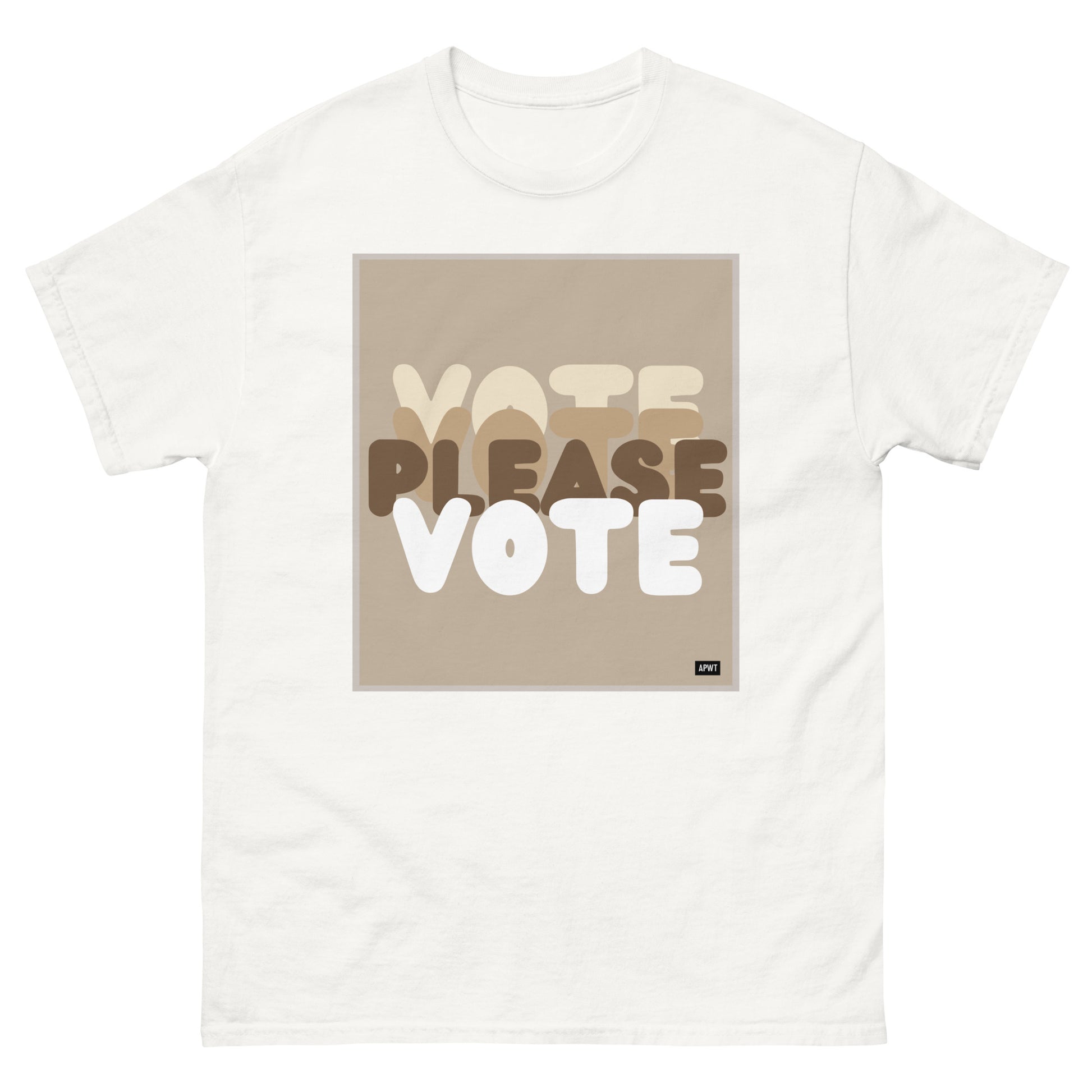 The Please Vote in Brown Unisex T-Shirt in White - The APWT Gift Shop