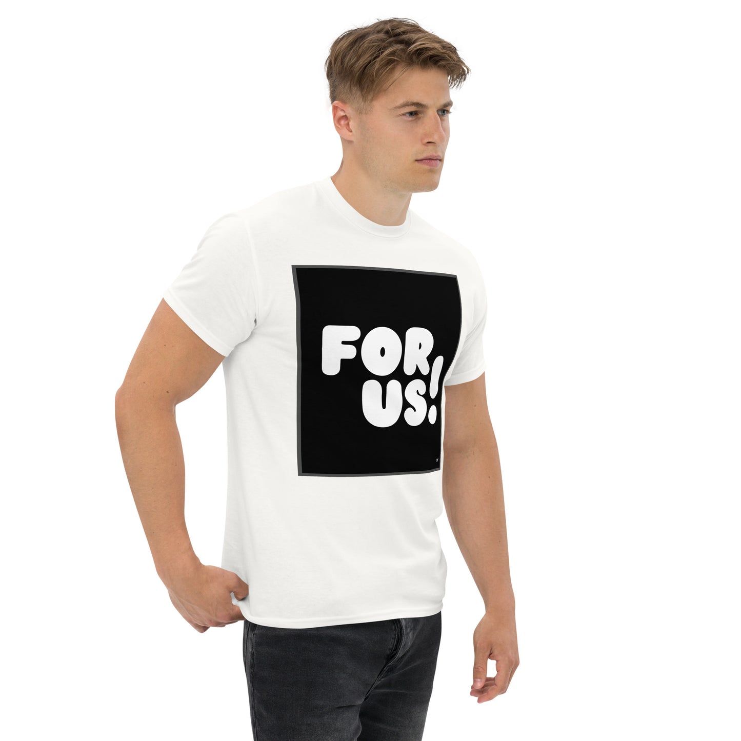 Man wearing the For Us in Black and White Unisex T-Shirt in White (2 of 3) - The APWT Gift Shop
