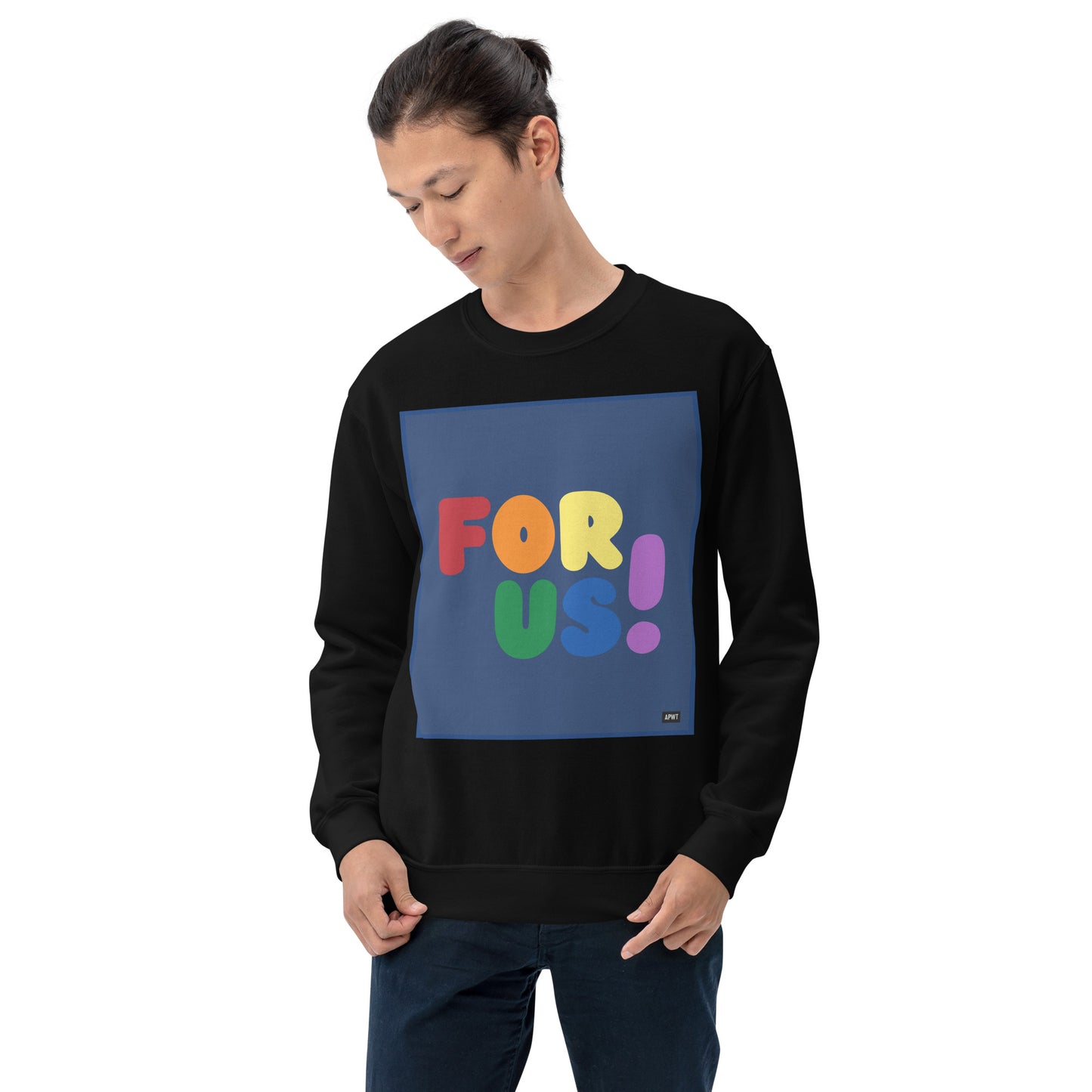 Man wearing the Rainbow For Us Unisex Crew Neck Sweatshirt in Black (2 of 2) - The APWT Gift Shop