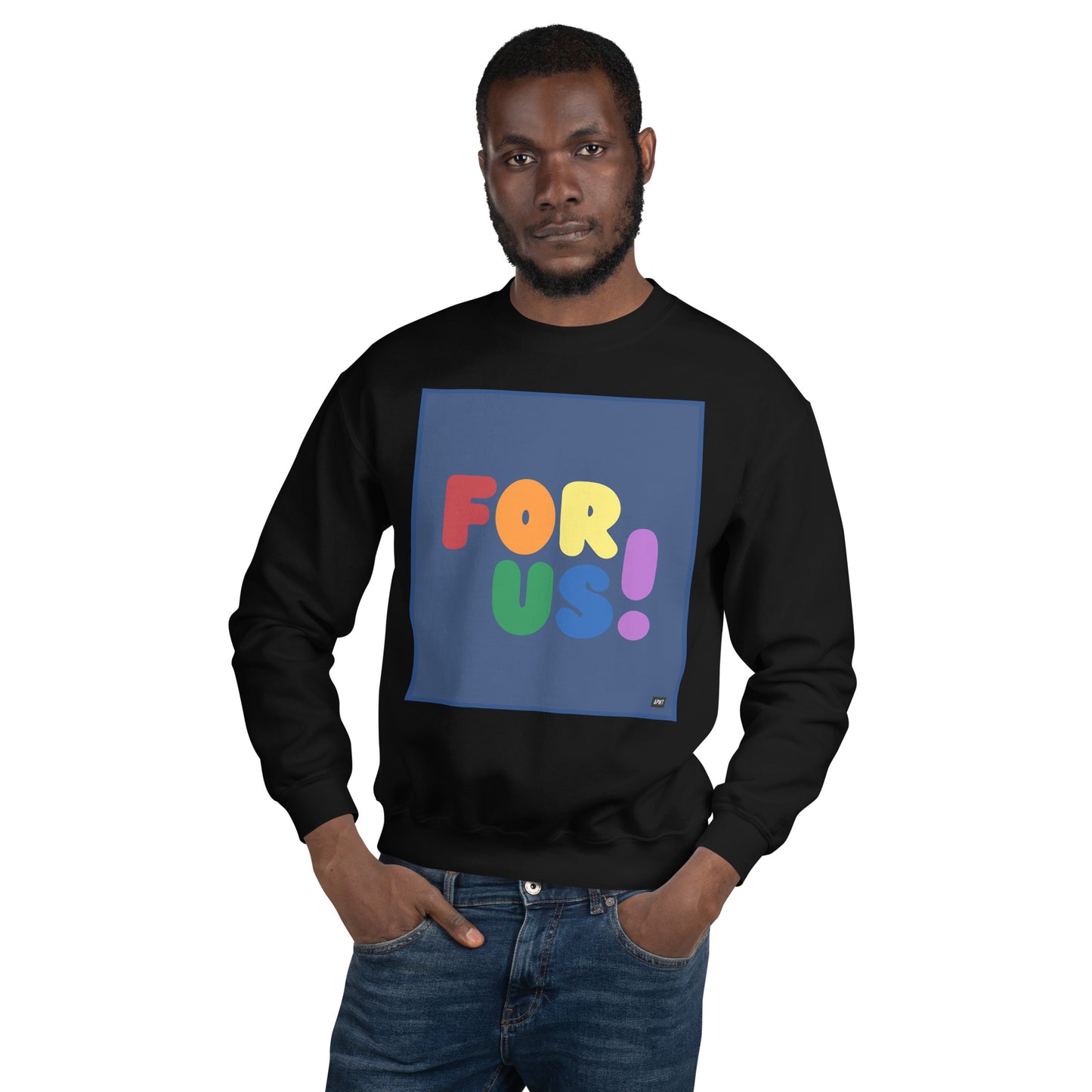 Man wearing the Rainbow For Us Unisex Crew Neck Sweatshirt in Black - The APWT Gift Shop