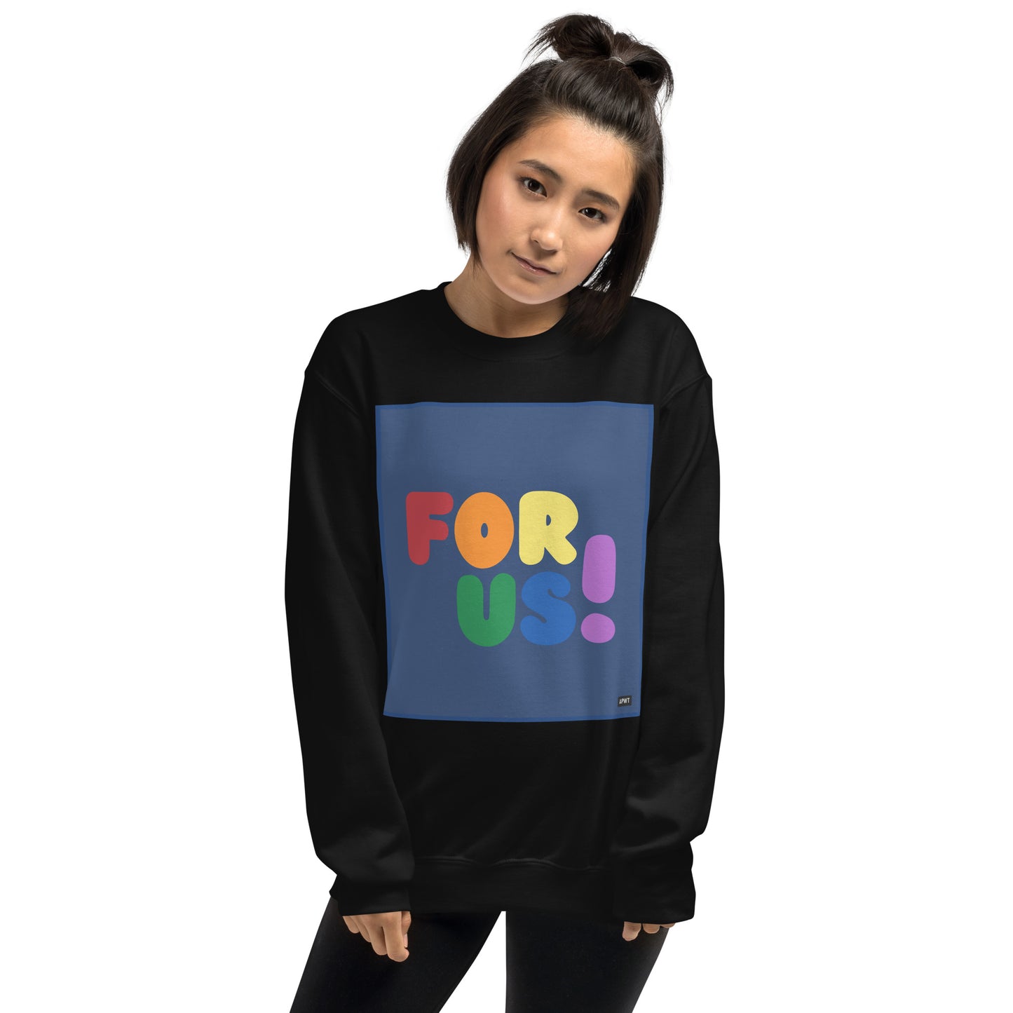 Man wearing the Rainbow For Us Unisex Crew Neck Sweatshirt in Black - The APWT Gift Shop