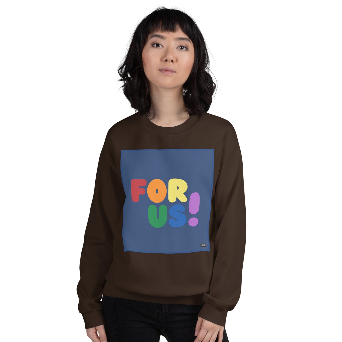 Woman wearing the Rainbow For Us Unisex Crew Neck Sweatshirt in Brown - The APWT Gift Shop