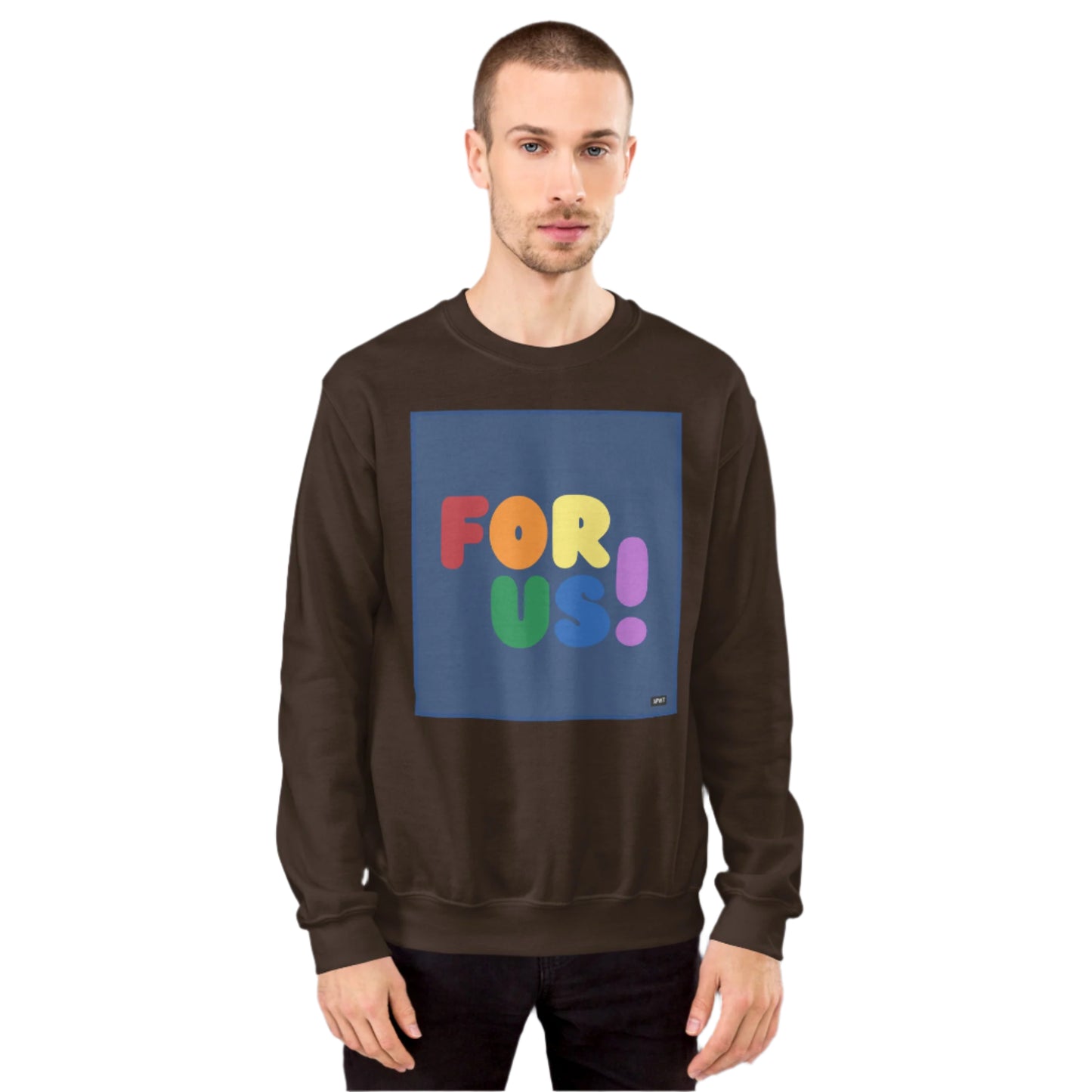 Man wearing the Rainbow For Us Unisex Crew Neck Sweatshirt in Brown - The APWT Gift Shop