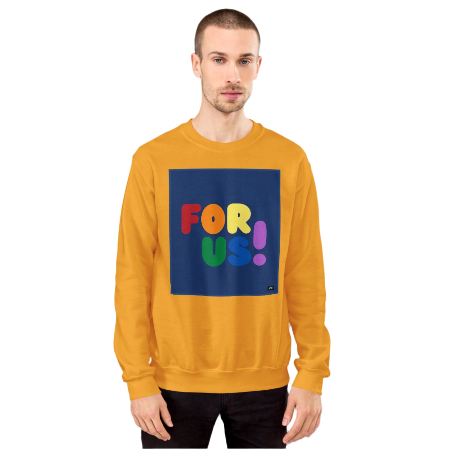Man wearing the Rainbow For Us Unisex Crew Neck Sweatshirt in Yellow/Gold - The APWT Gift Shop