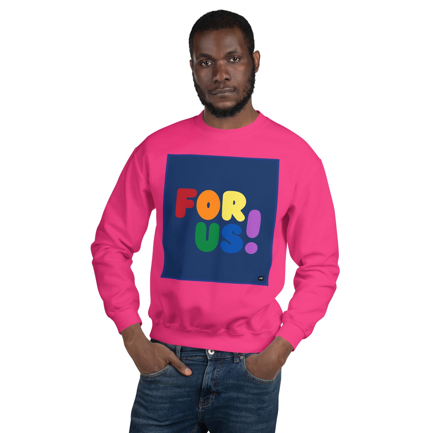 Man wearing the Rainbow For Us Unisex Crew Neck Sweatshirt in Hot Pink (2 of 2) - The APWT Gift Shop