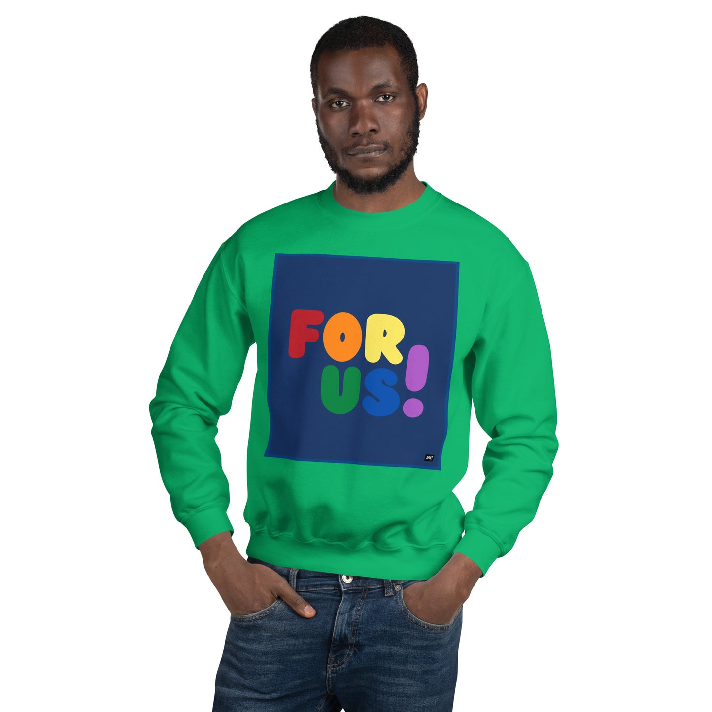 Man wearing the Rainbow For Us Unisex Crew Neck Sweatshirt in Irish Green (2 of 2) - The APWT Gift Shop