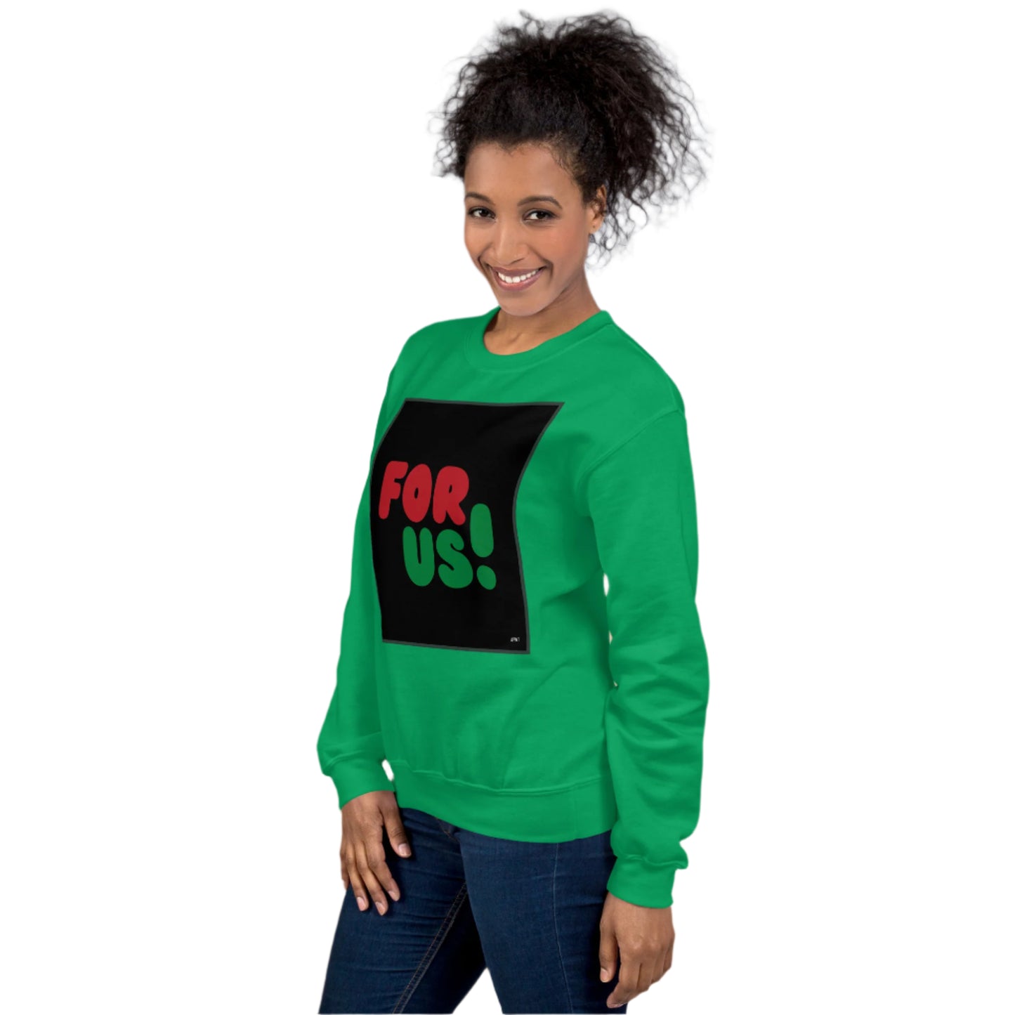 Woman wearing the For Us in Black Unisex Crew Neck Sweatshirt in Irish Green (2 of 2) - The APWT Gift Shop