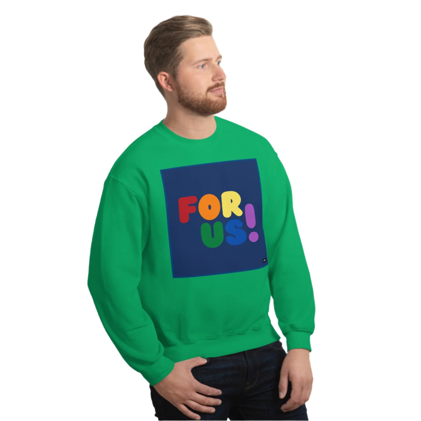 Man wearing the Rainbow For Us Unisex Crew Neck Sweatshirt in Irish Green - The APWT Gift Shop
