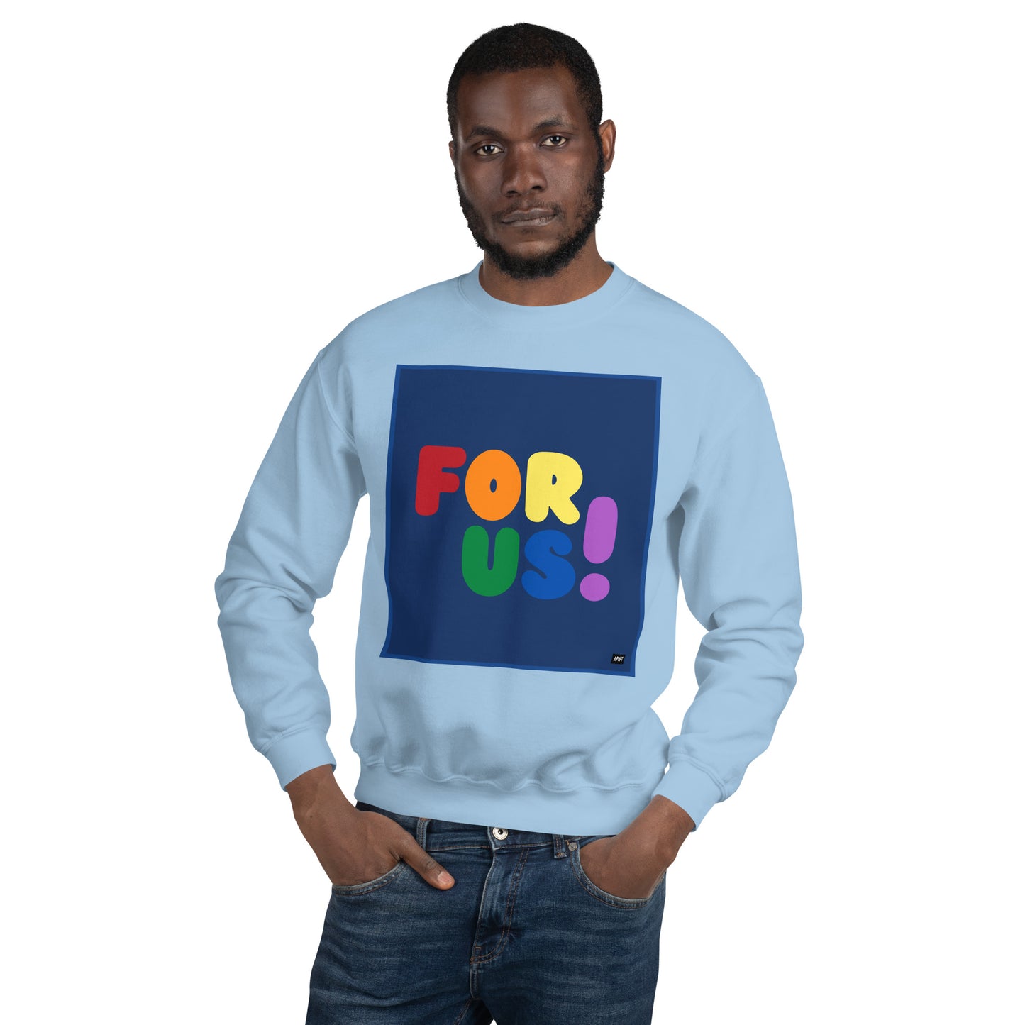 Man wearing the Rainbow For Us Unisex Crew Neck Sweatshirt in Light Blue - The APWT Gift Shop