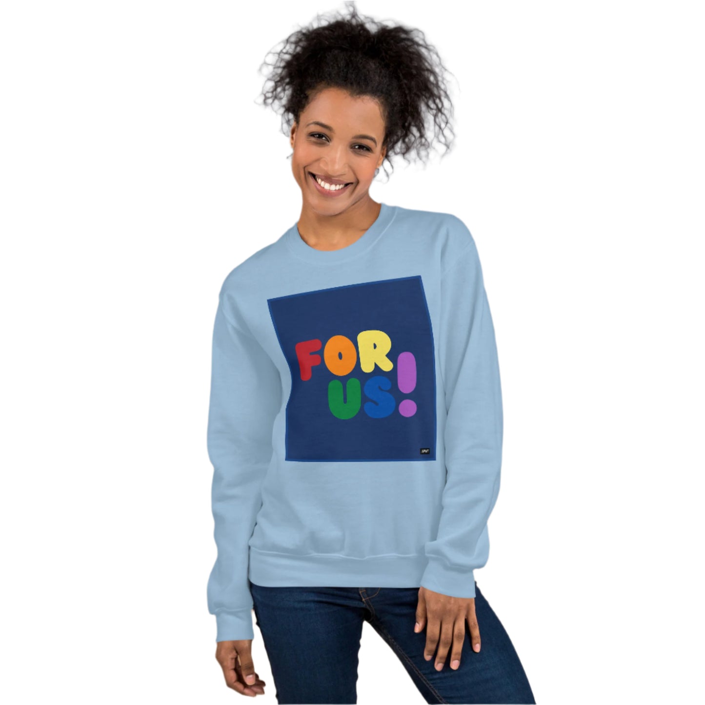 Woman wearing the Rainbow For Us Unisex Crew Neck Sweatshirt in Light Blue - The APWT Gift Shop