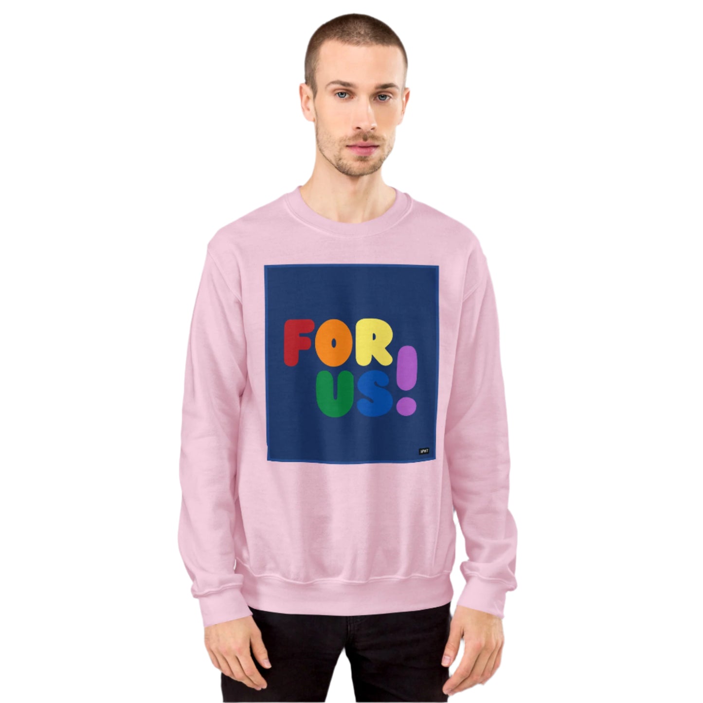Man wearing the Rainbow For Us Unisex Crew Neck Sweatshirt in Pink - The APWT Gift Shop