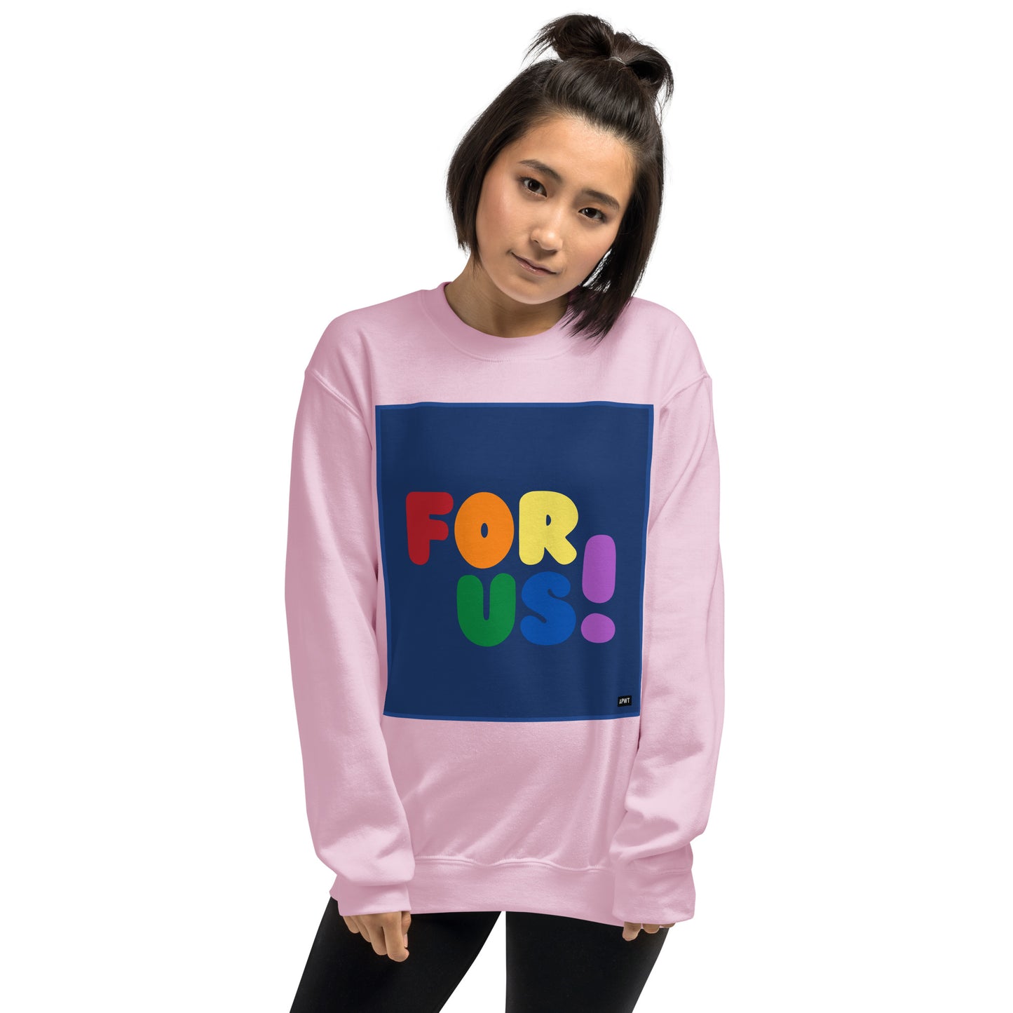 Woman wearing the Rainbow For Us Unisex Crew Neck Sweatshirt in Pink - The APWT Gift Shop