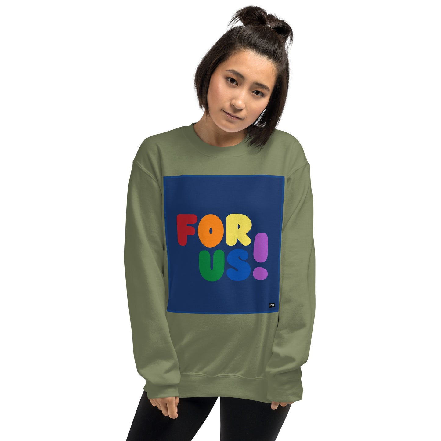 Woman wearing the Rainbow For Us Unisex Crew Neck Sweatshirt in Military/Army Green - The APWT Gift Shop
