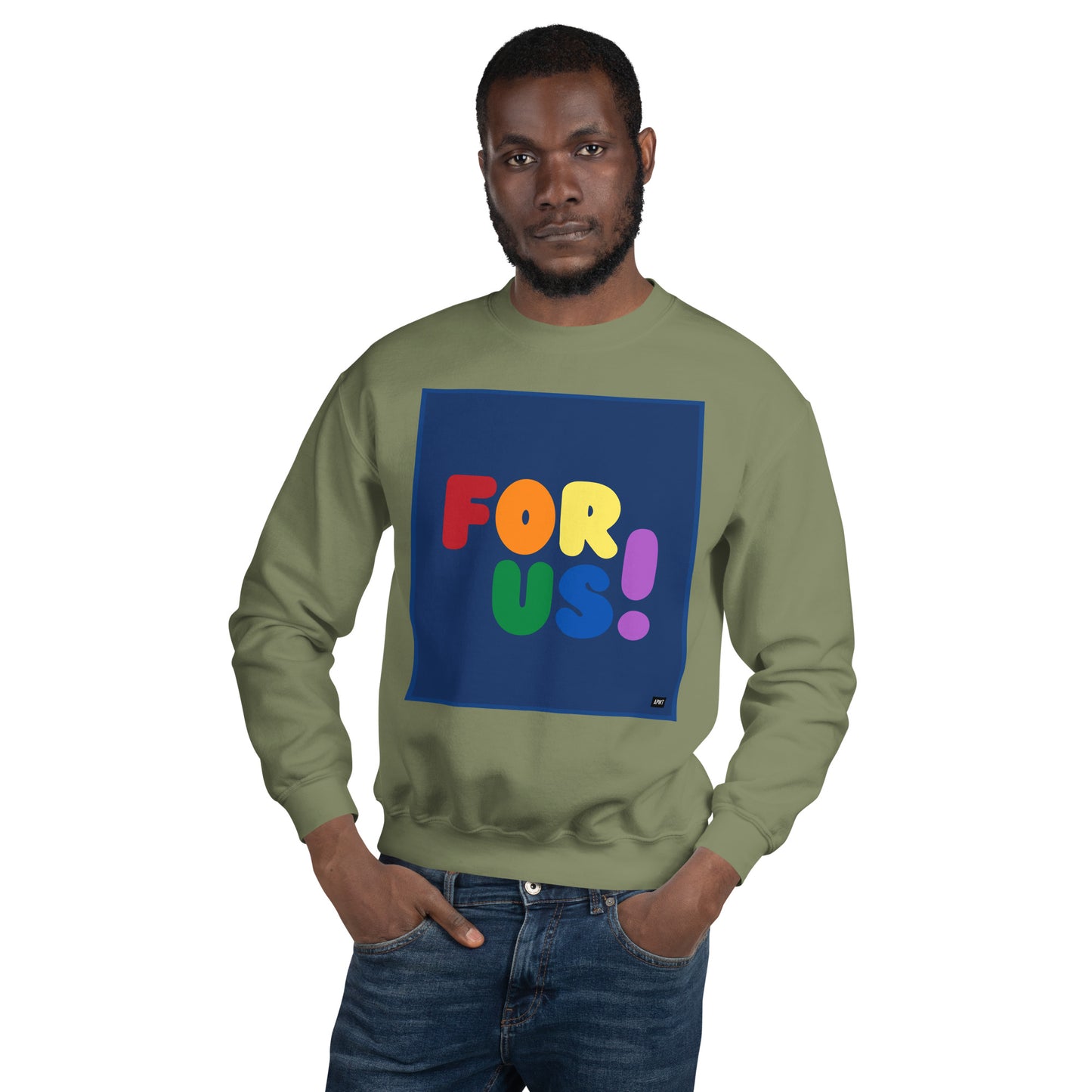 Man wearing the Rainbow For Us Unisex Crew Neck Sweatshirt in Military/Army Green - The APWT Gift Shop