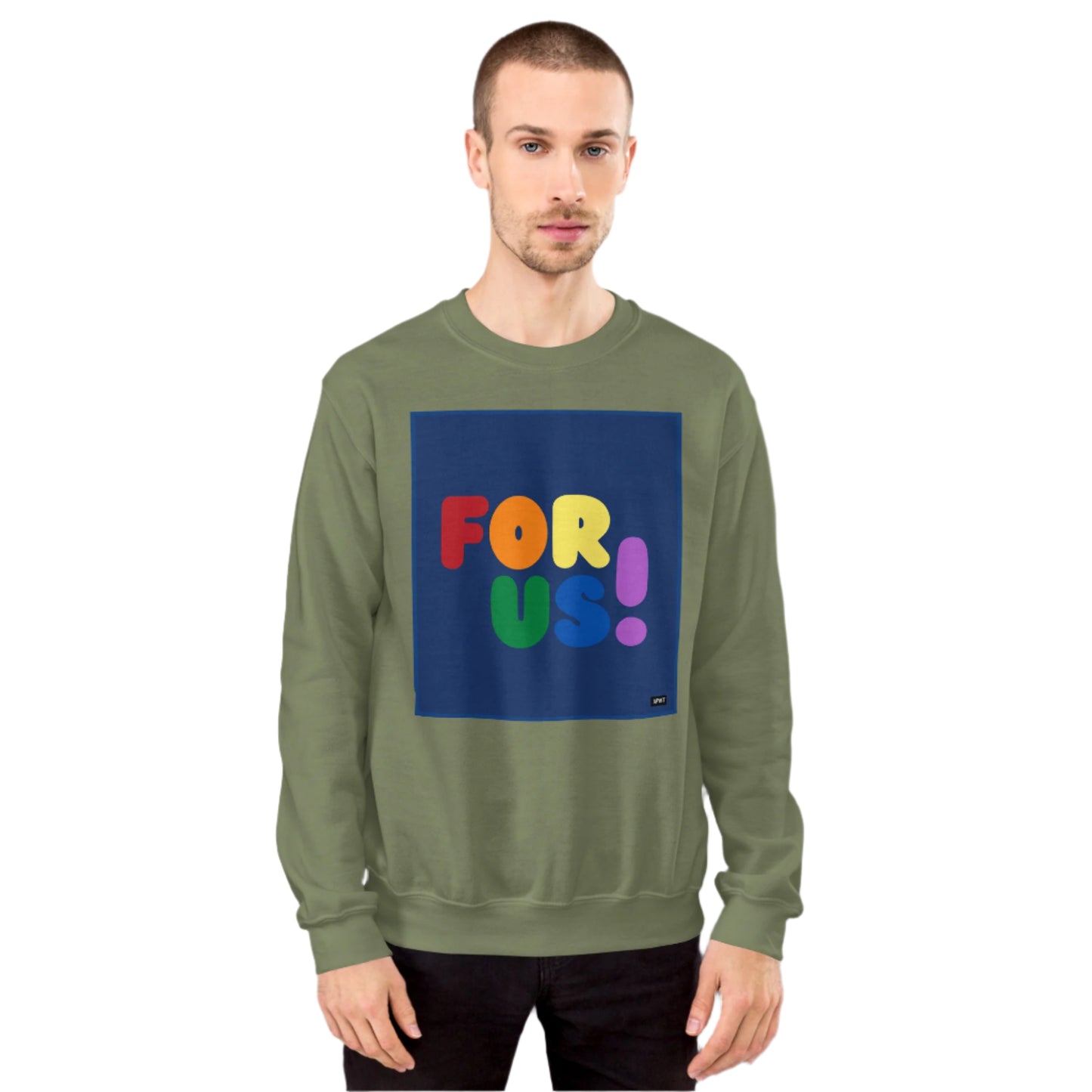 Woman wearing the Rainbow For Us Unisex Crew Neck Sweatshirt in Military/Army Green (2 of 2) - The APWT Gift Shop