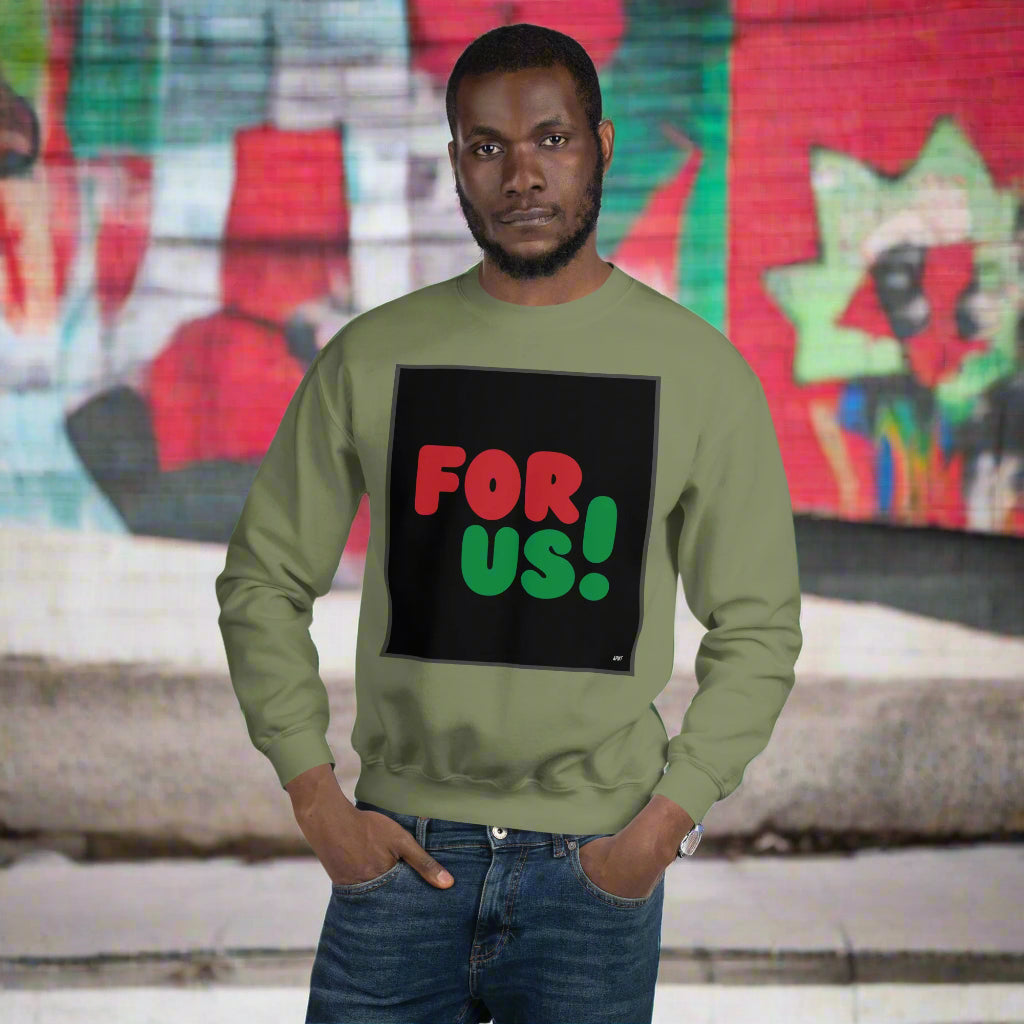 Man wearing the For Us in Black Unisex Crew Neck Sweatshirt in Military/Army Green standing in front of a mural - The APWT Gift Shop
