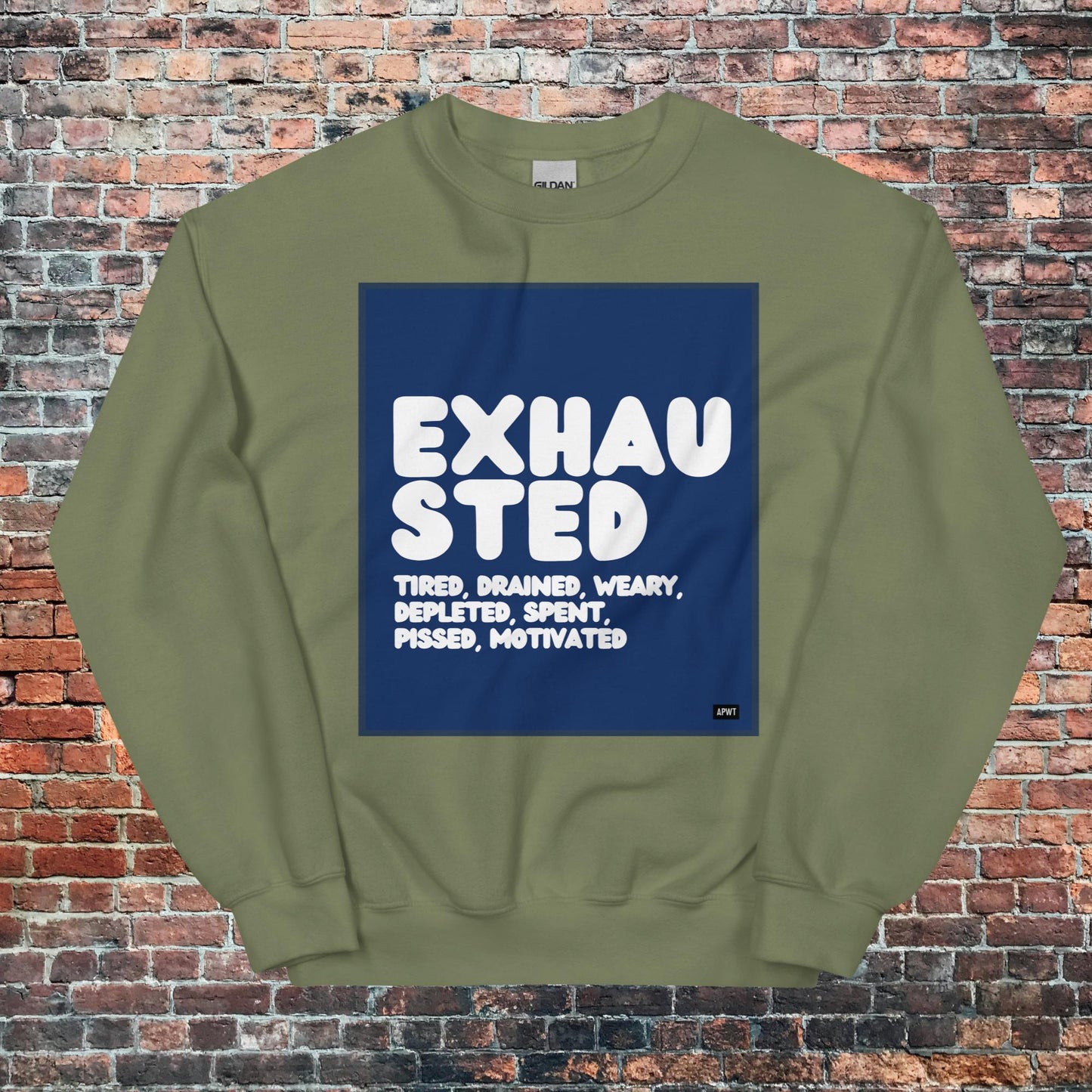 Exhausted in Blue and White Unisex Crew Neck Sweatshirt - Available in Assorted Colors