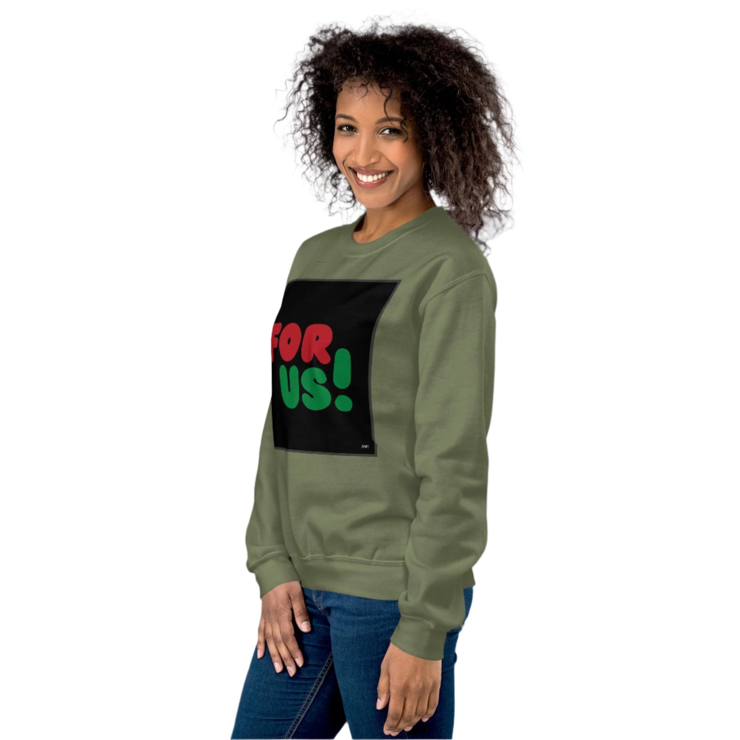 Woman wearing the For Us in Black Unisex Crew Neck Sweatshirt in Military/Army Green (2 of 2) - The APWT Gift Shop